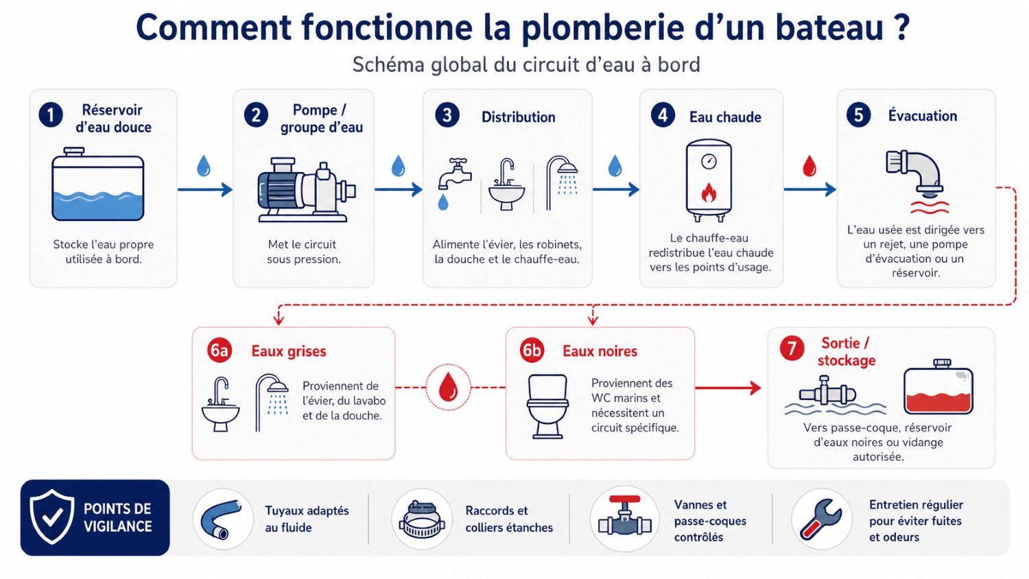 Schéma du fonctionnement du stockage et de la distribution d’eau sur un bateau