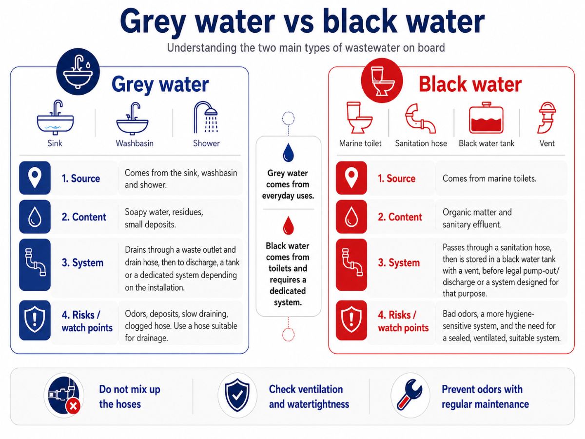 Comparison between grey water and black water on a boat