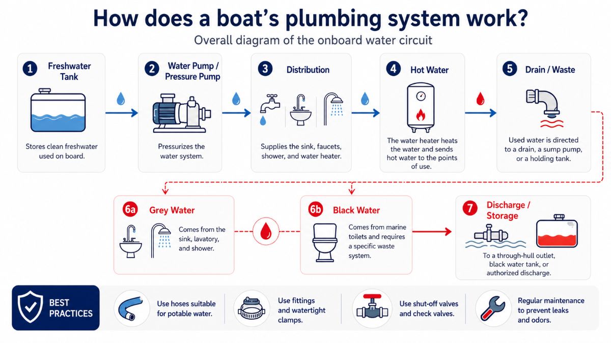 Diagram showing how water storage and distribution works on a boat