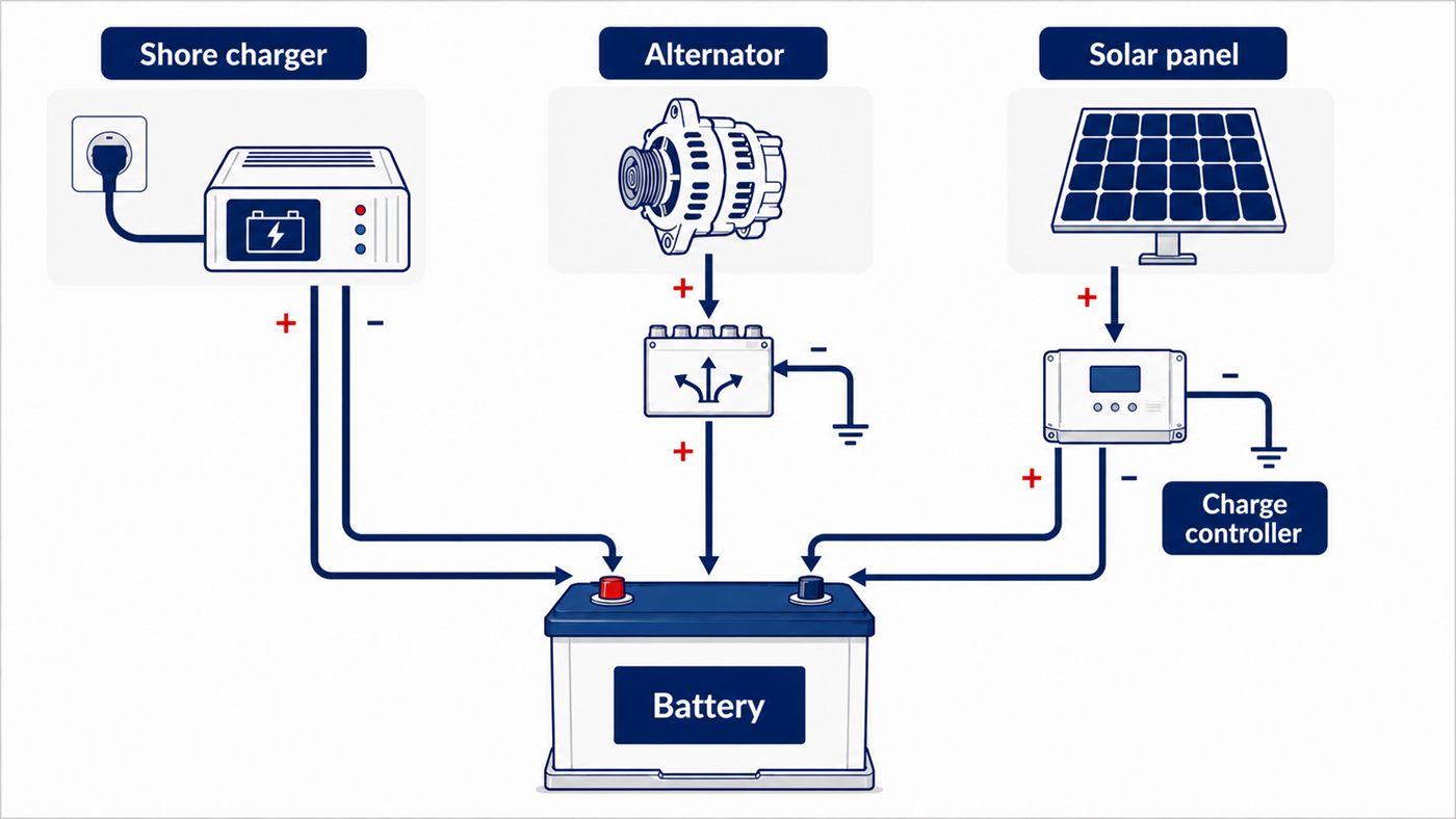 Diagram showing how to recharge a boat battery with a charger, alternator and shore power