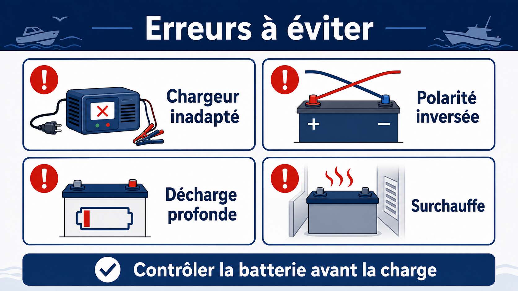 Checklist des erreurs à éviter lors de la recharge d'une batterie bateau