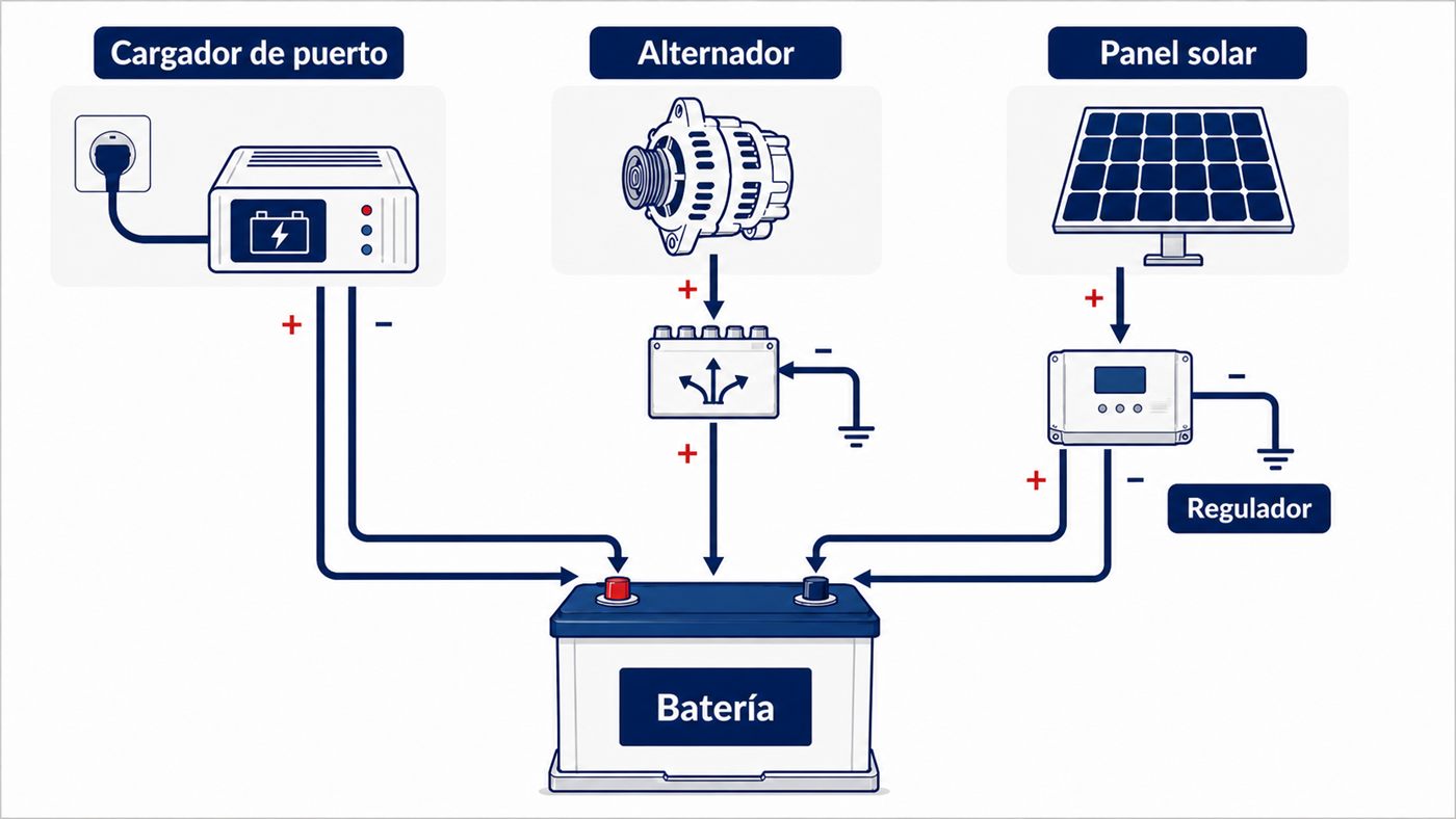 Esquema para recargar una batería de barco con cargador, alternador y toma de puerto