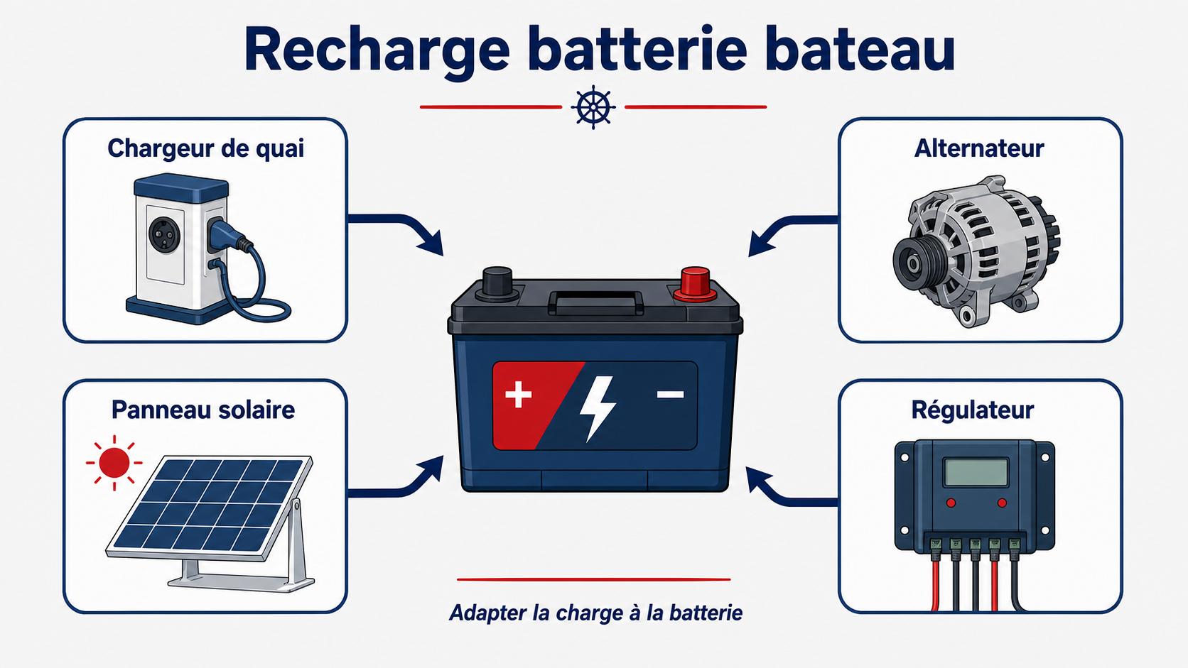 Schéma de recharge d'une batterie bateau avec chargeur, alternateur et alimentation de quai