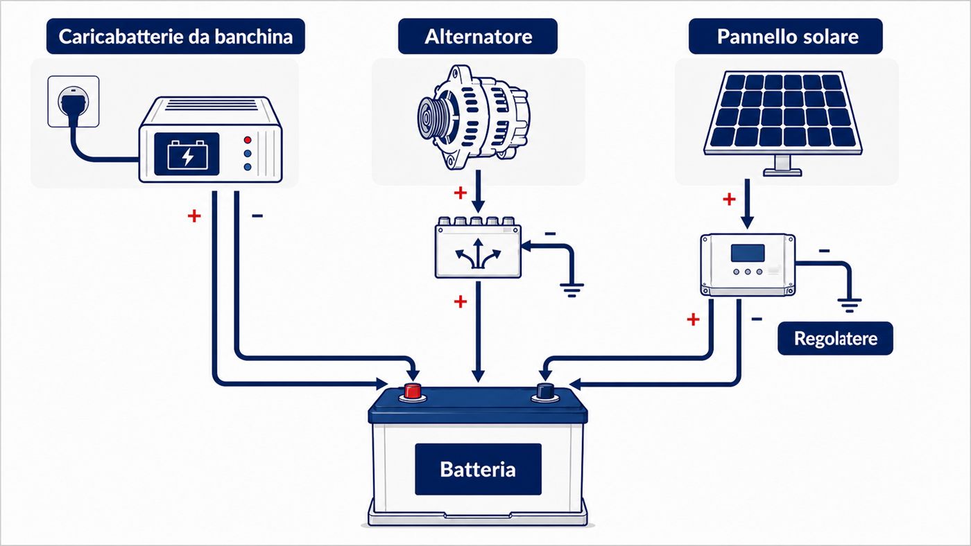 Schema per ricaricare una batteria da barca con caricabatterie, alternatore e alimentazione da banchina