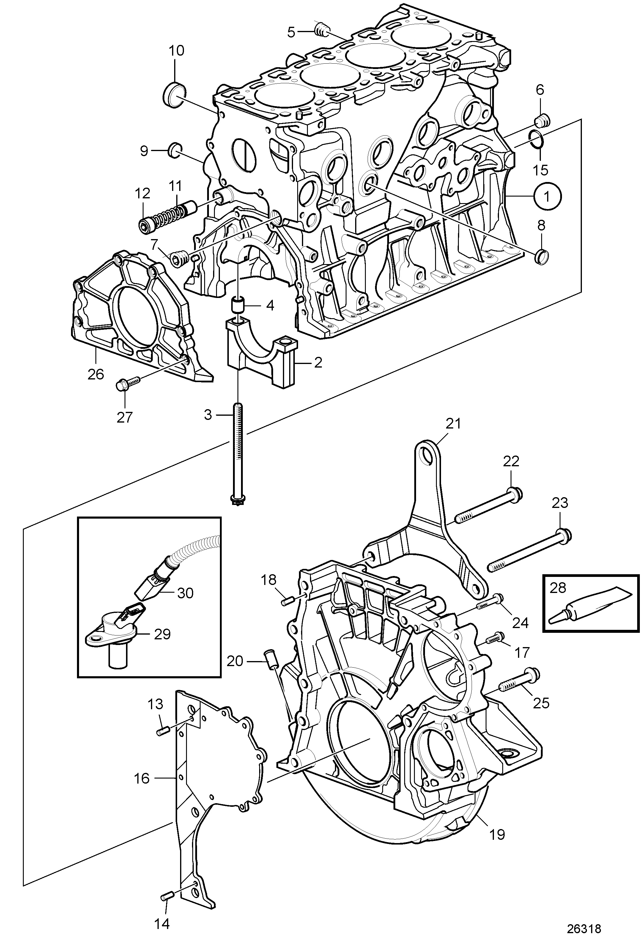 Bloc-cylindres et carter de volant moteur