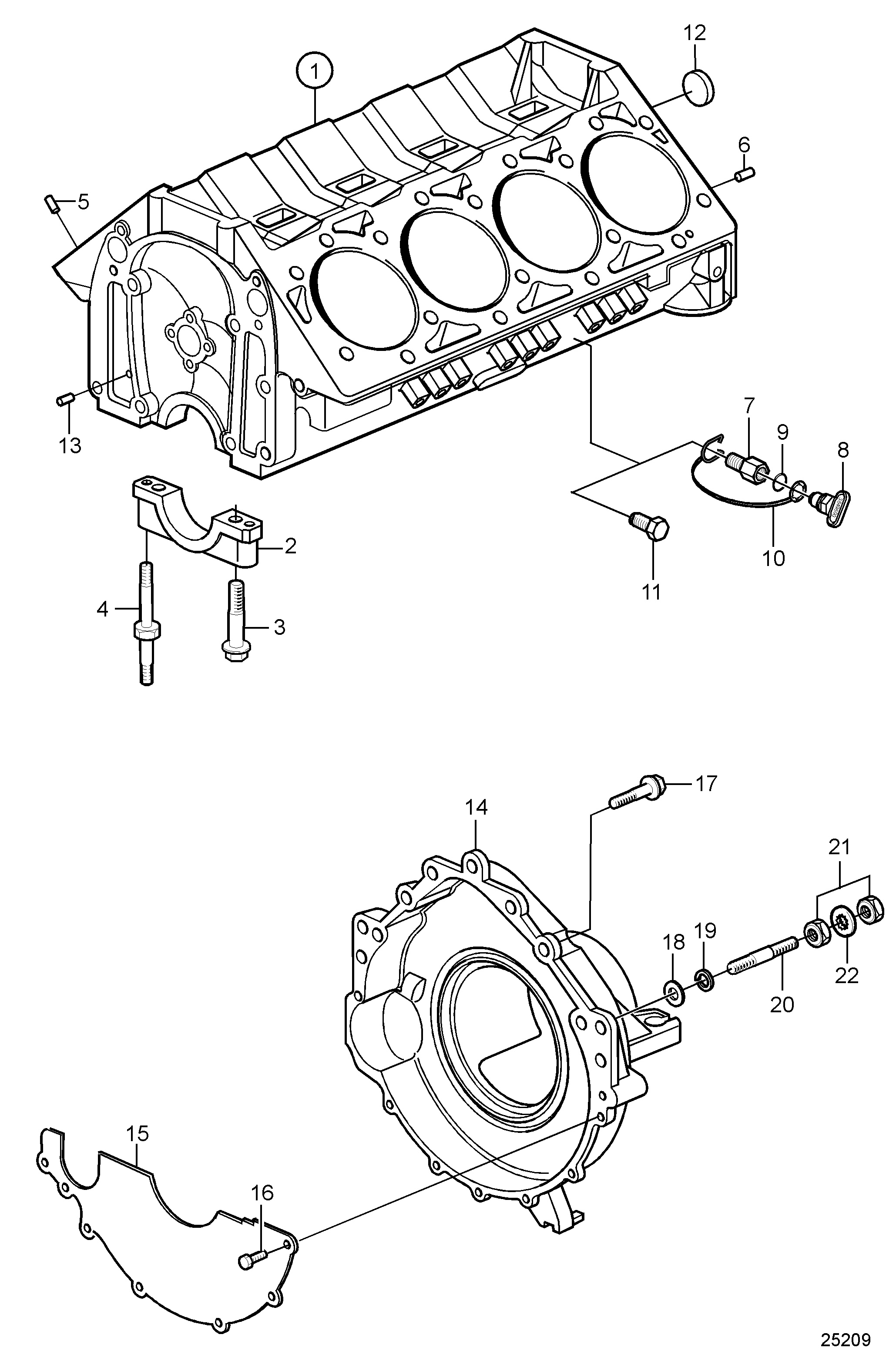 Bloque de cilindros y carcasa del volante