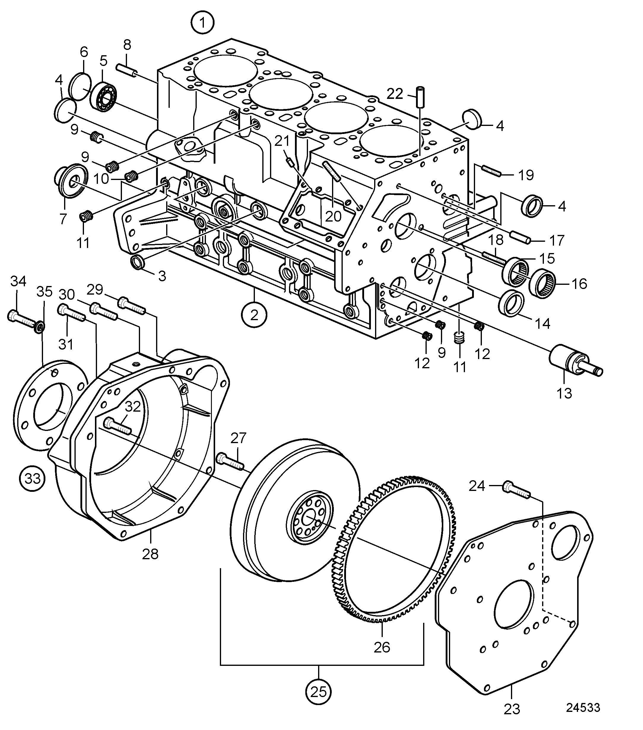Bloc-cylindres et carter de volant moteur