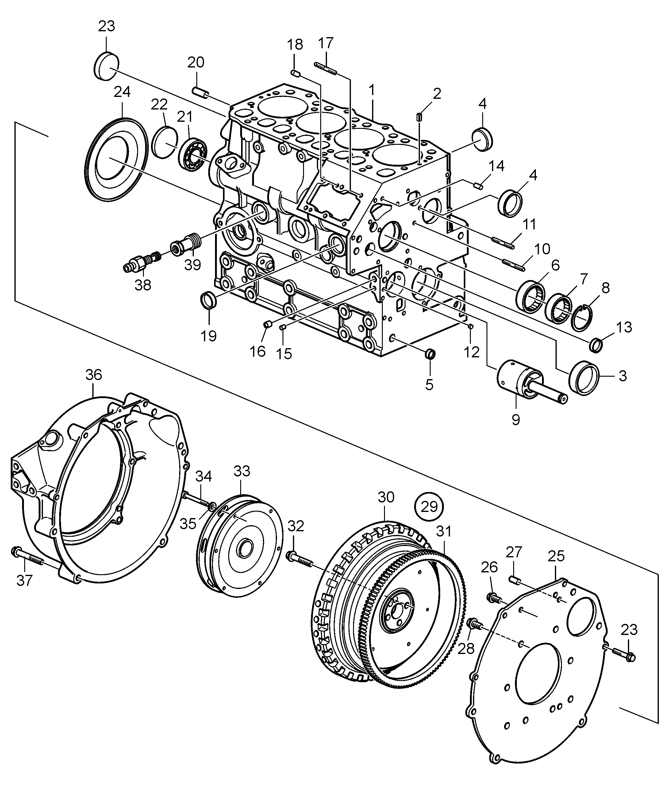 Bloc-cylindres et carter de volant moteur
