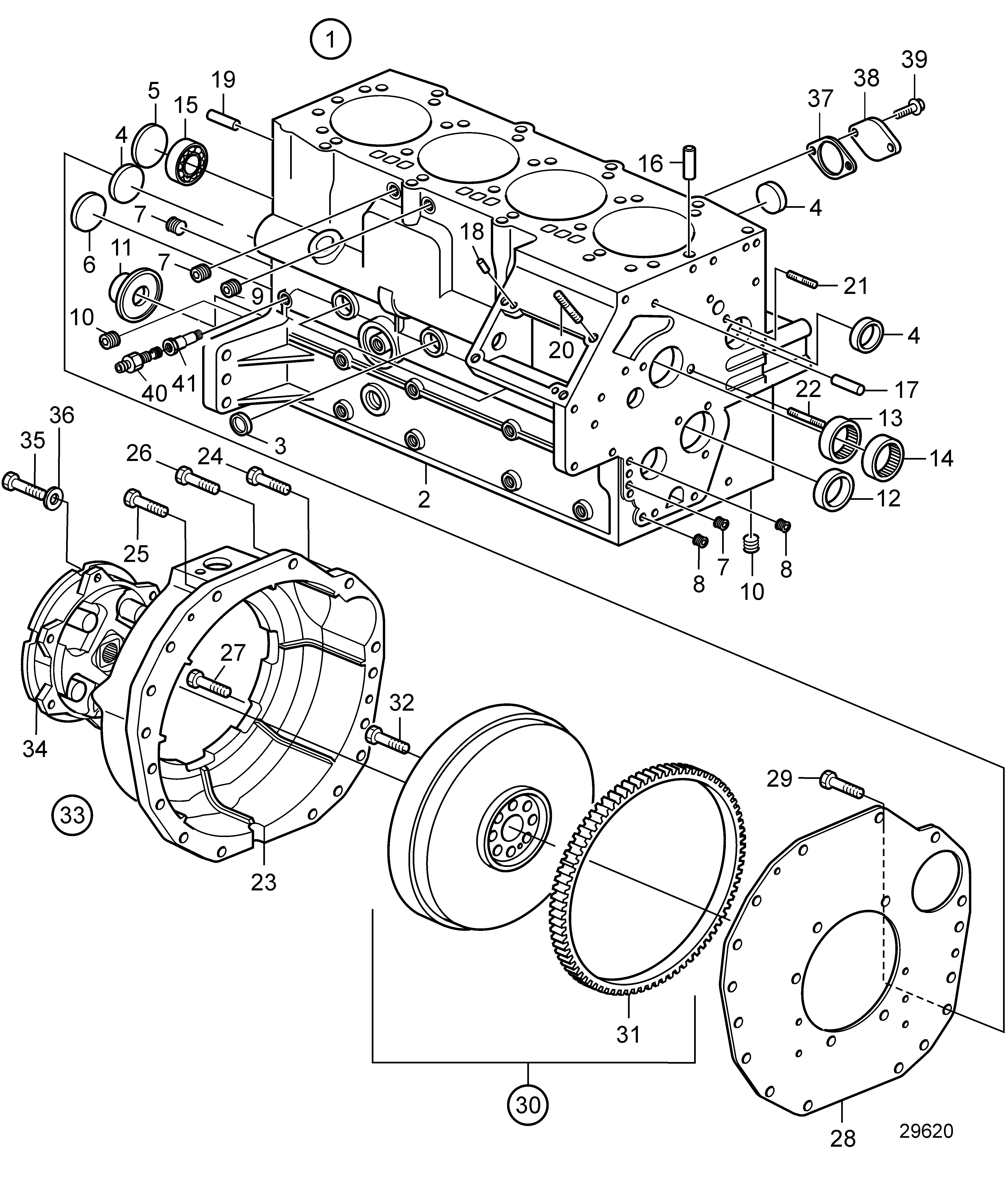 Bloc-cylindres et carter de volant moteur