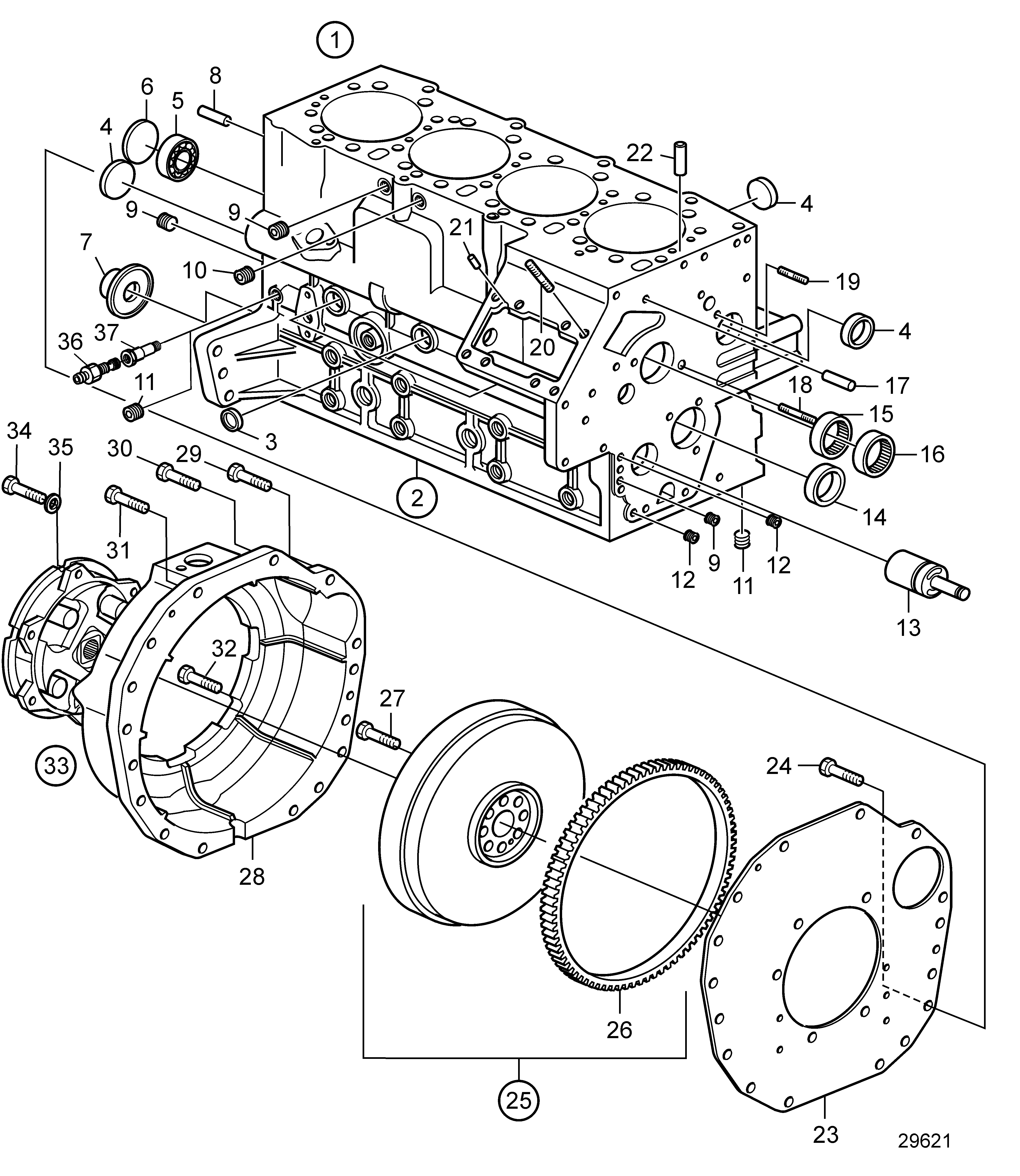 Bloc-cylindres et carter de volant moteur