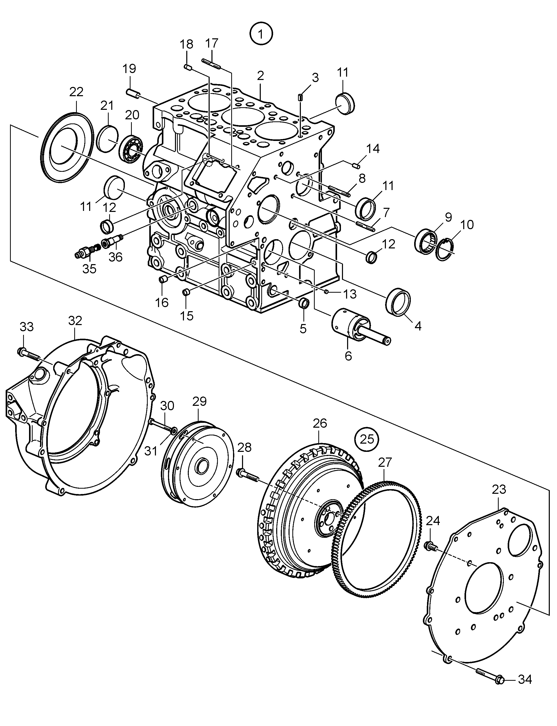 Bloc-cylindres et carter de volant moteur