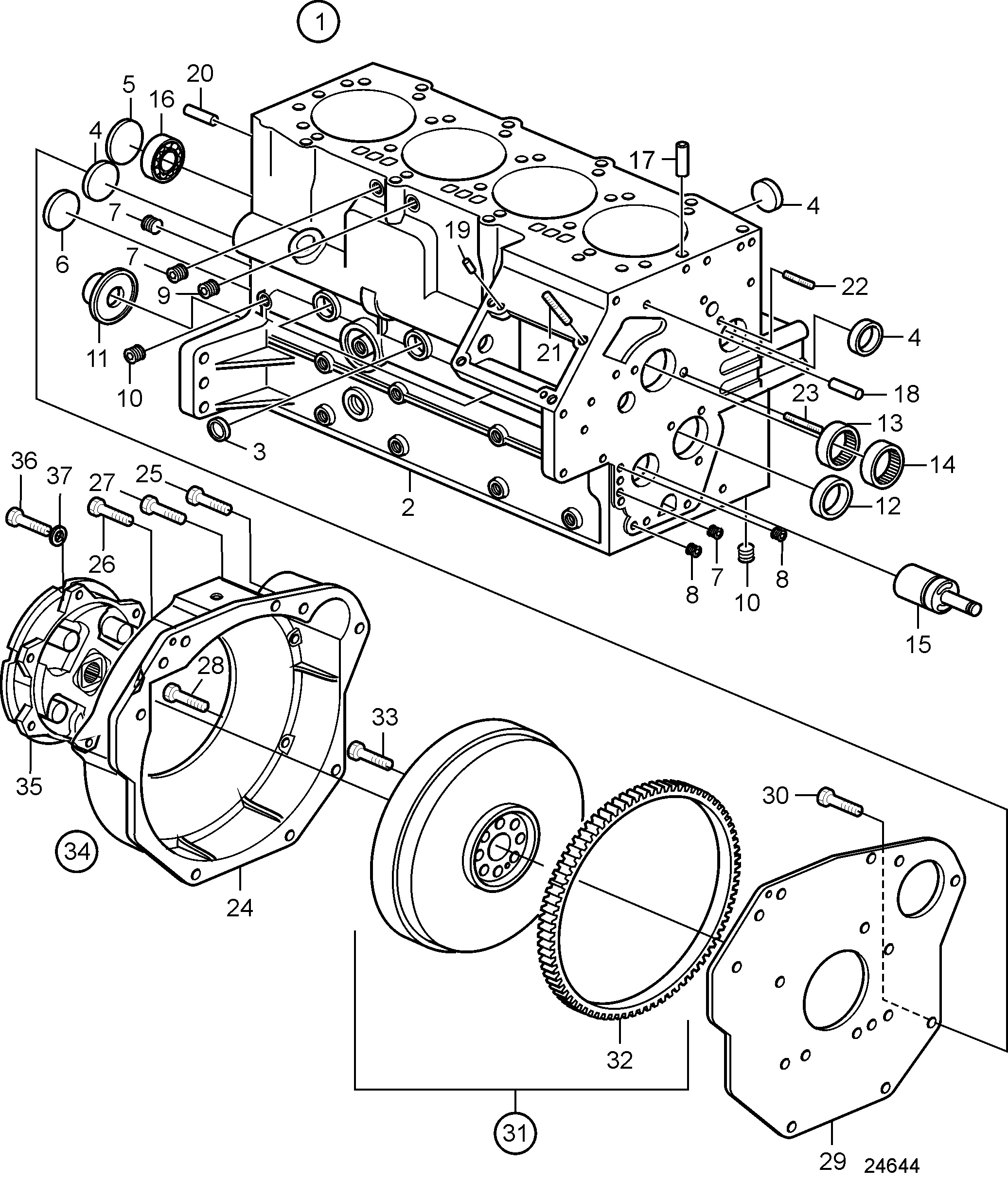 Bloc-cylindres et carter de volant moteur