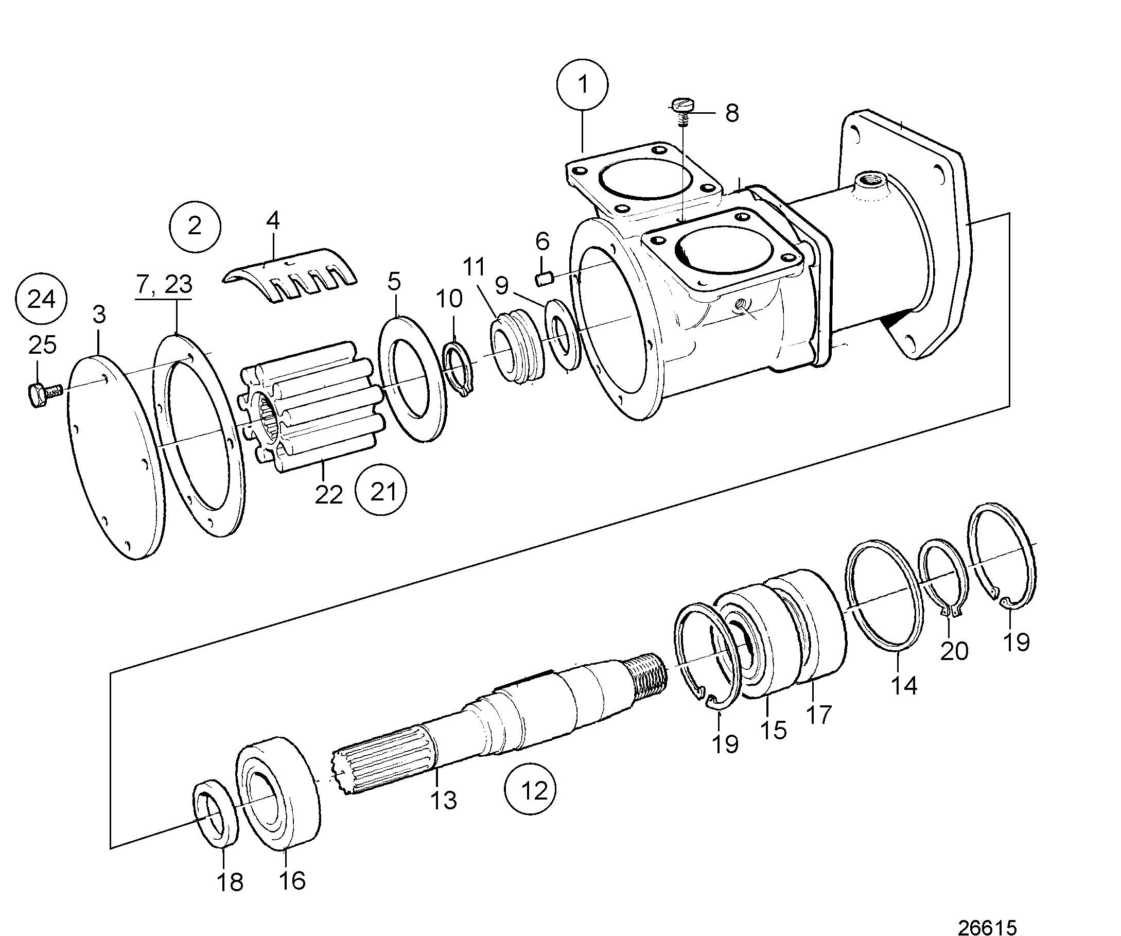 Pompe à eau de mer avec turbine caoutchouc, composants