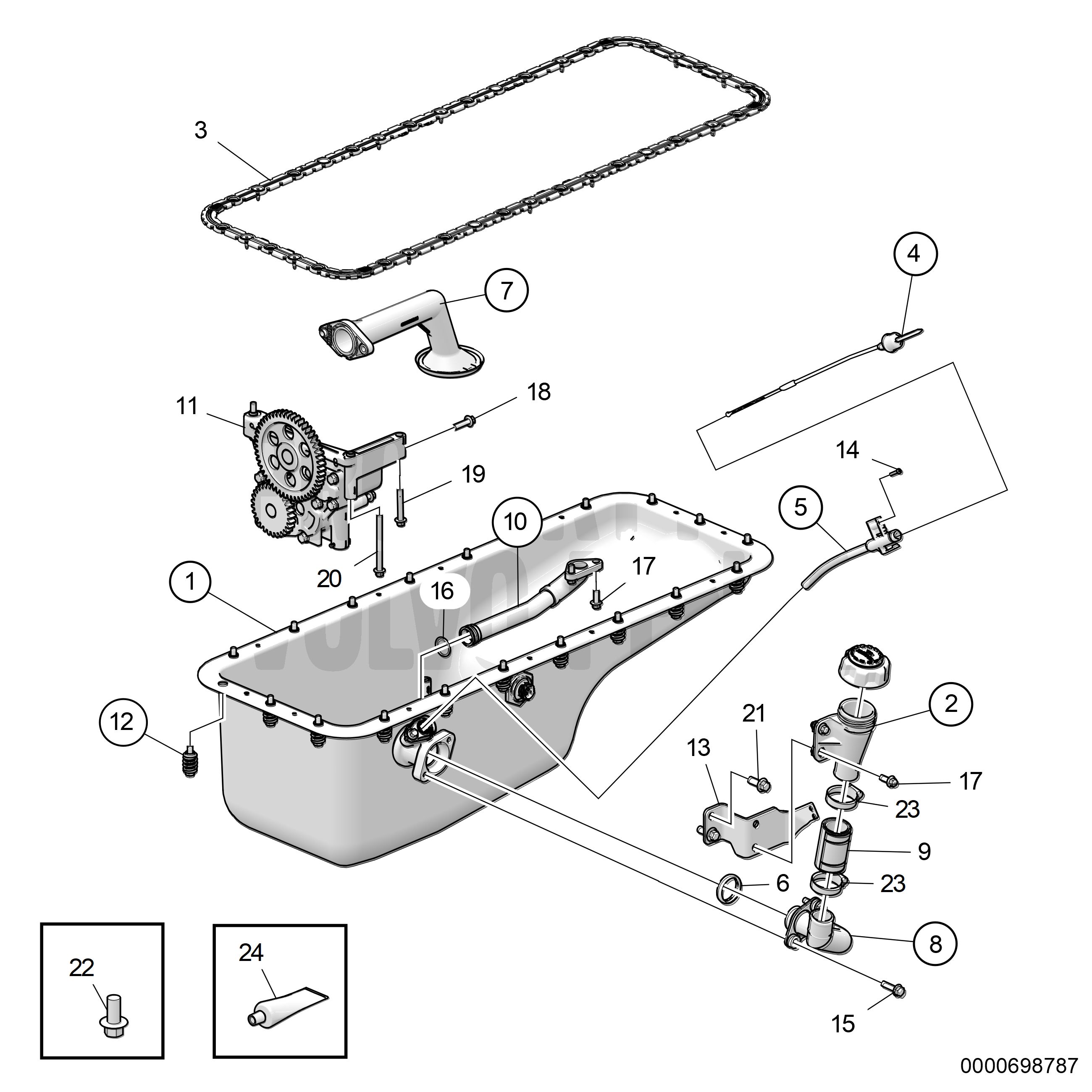 Oil pan, deep end towards front, sheet metal, including stan