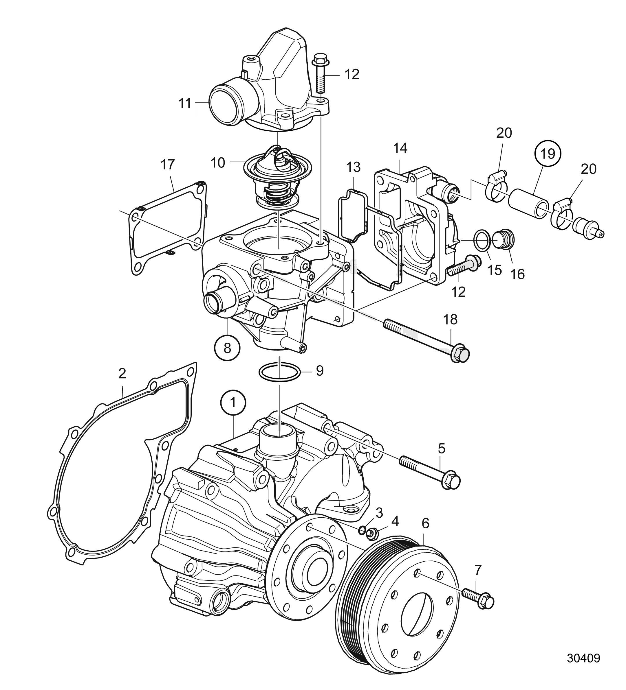Pompe à eau de refroidissement et boîtier de thermostat