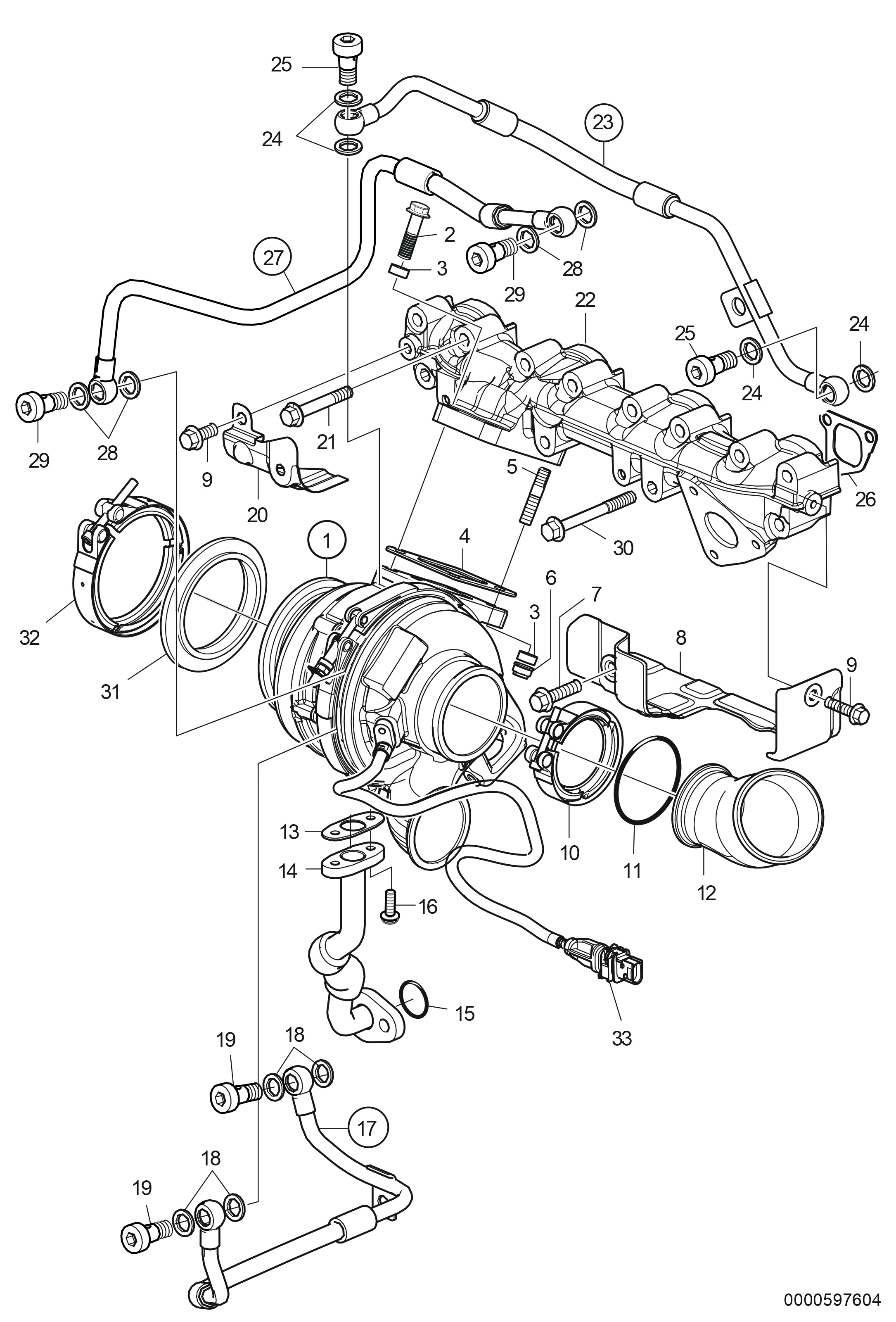 Collecteur d’échappement et turbocompresseur. Sortie haute.