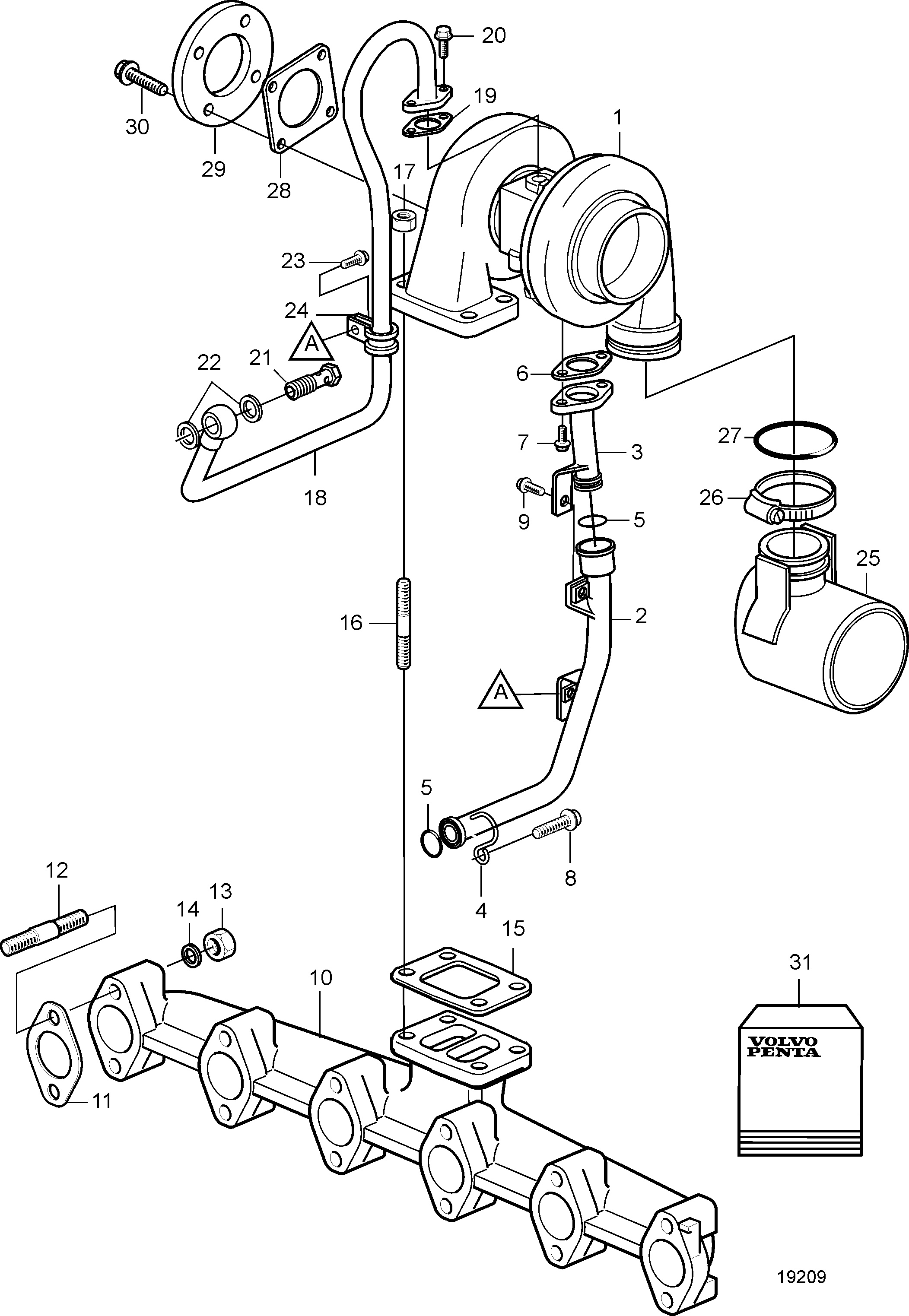 Collecteur d’échappement et turbocompresseur. Turbo surélevé. Stage 1, Tier 1 SN-5301099468