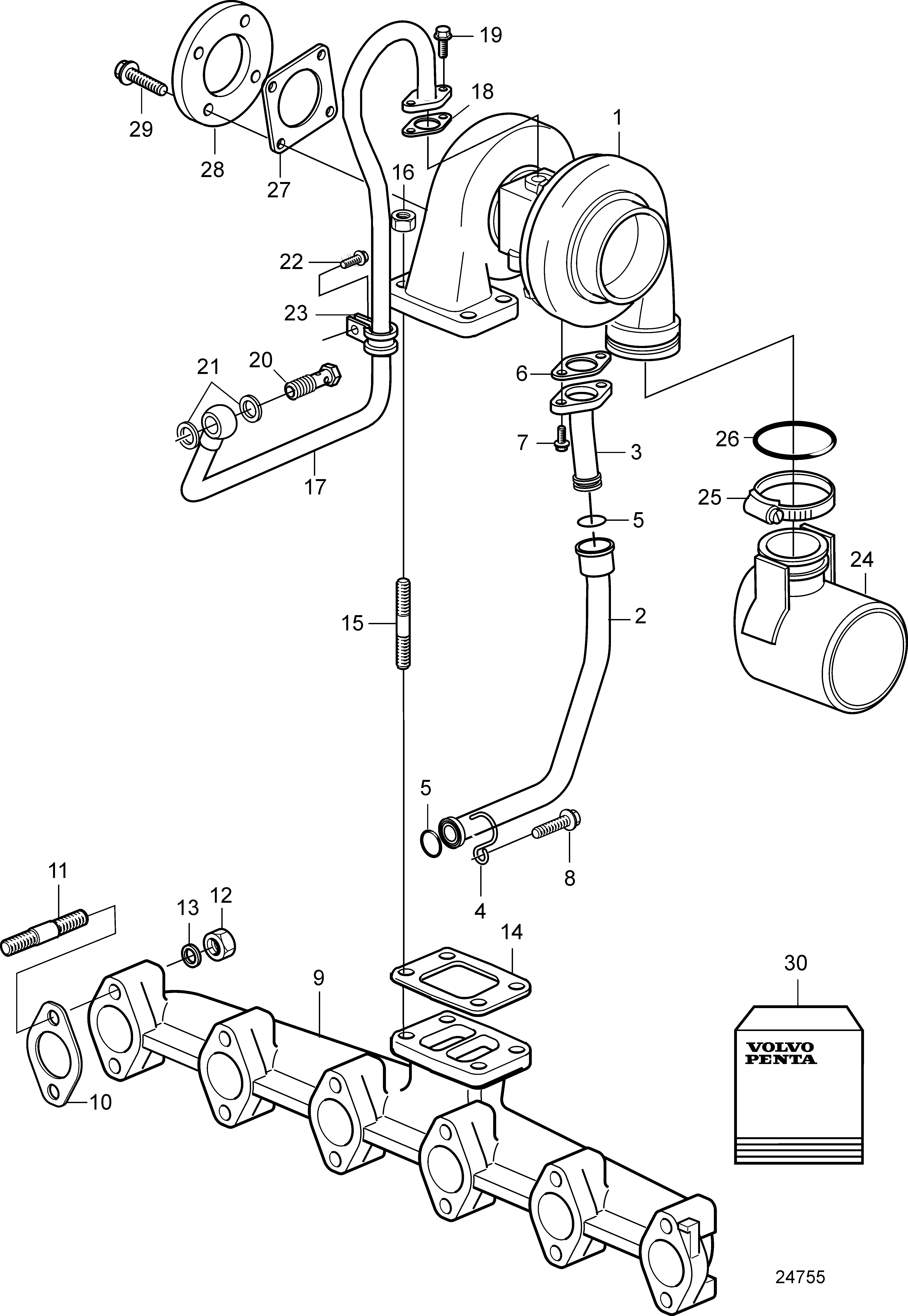 Collecteur d’échappement et turbocompresseur. Turbo surélevé. Stage 1, Tier 1 SN5301099469-