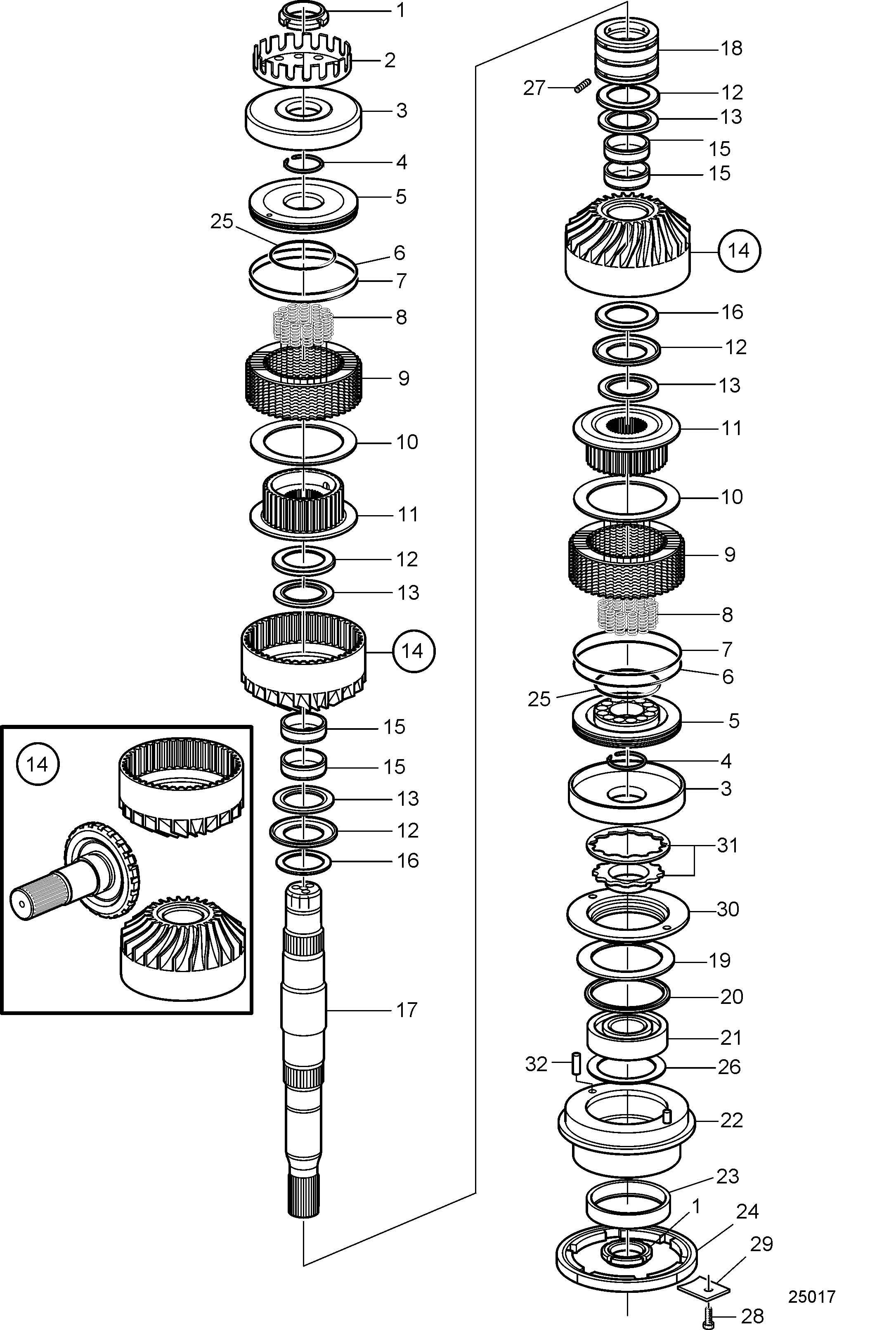 Jeu de pignons supérieur et arbre. Section, si des pièces de rechange sont utilisées.