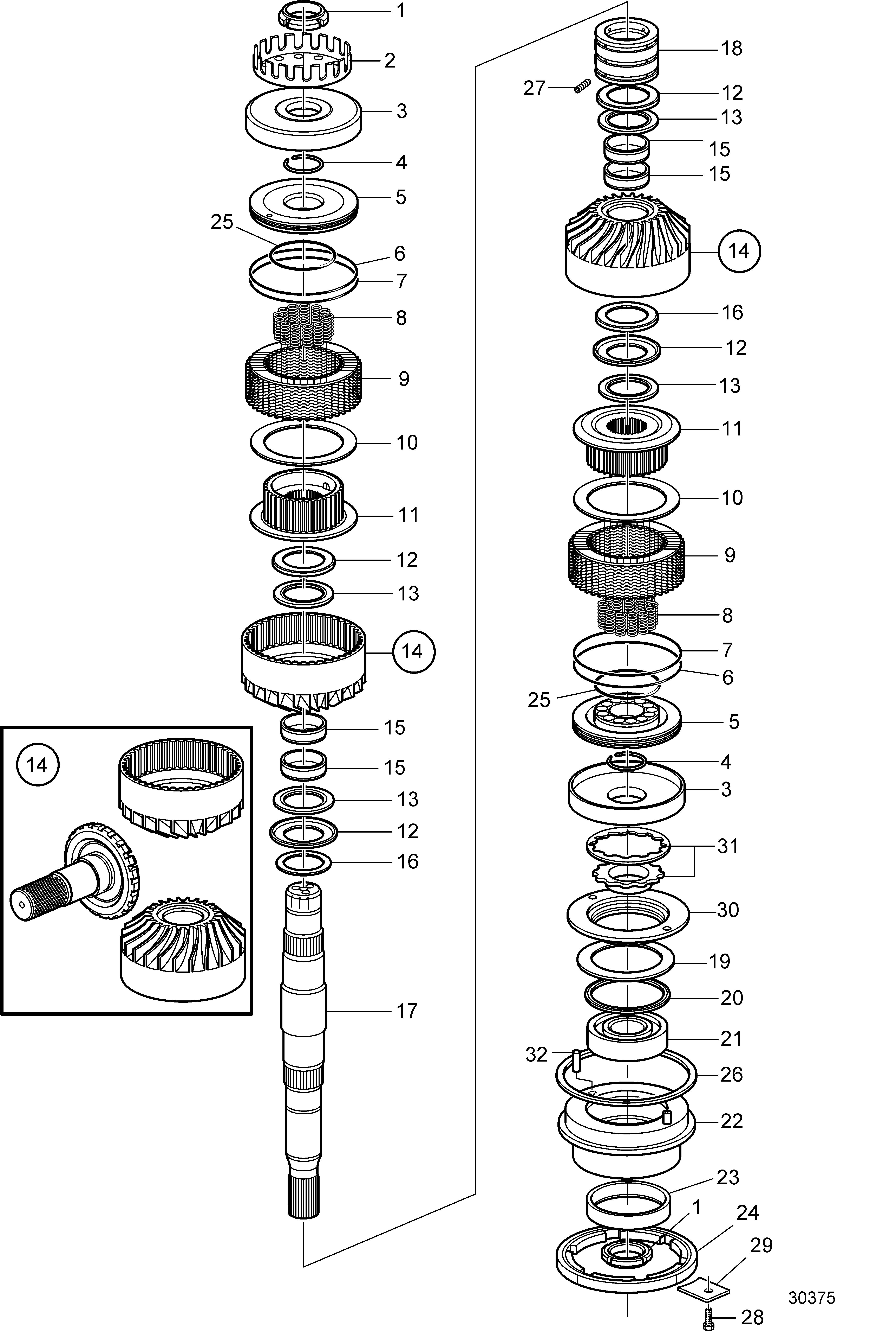 Jeu de pignons supérieur et arbre. Section, si des pièces de rechange sont utilisées.
