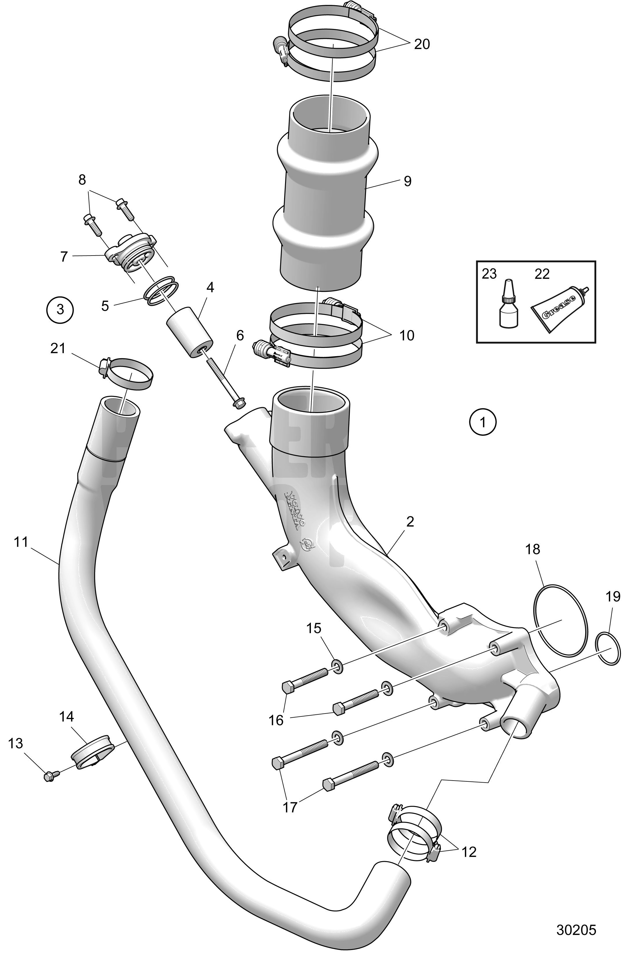 Tuyau d'échappement et conduite d'eau de refroidissement, D4, DPH/DPR Unité de transmission