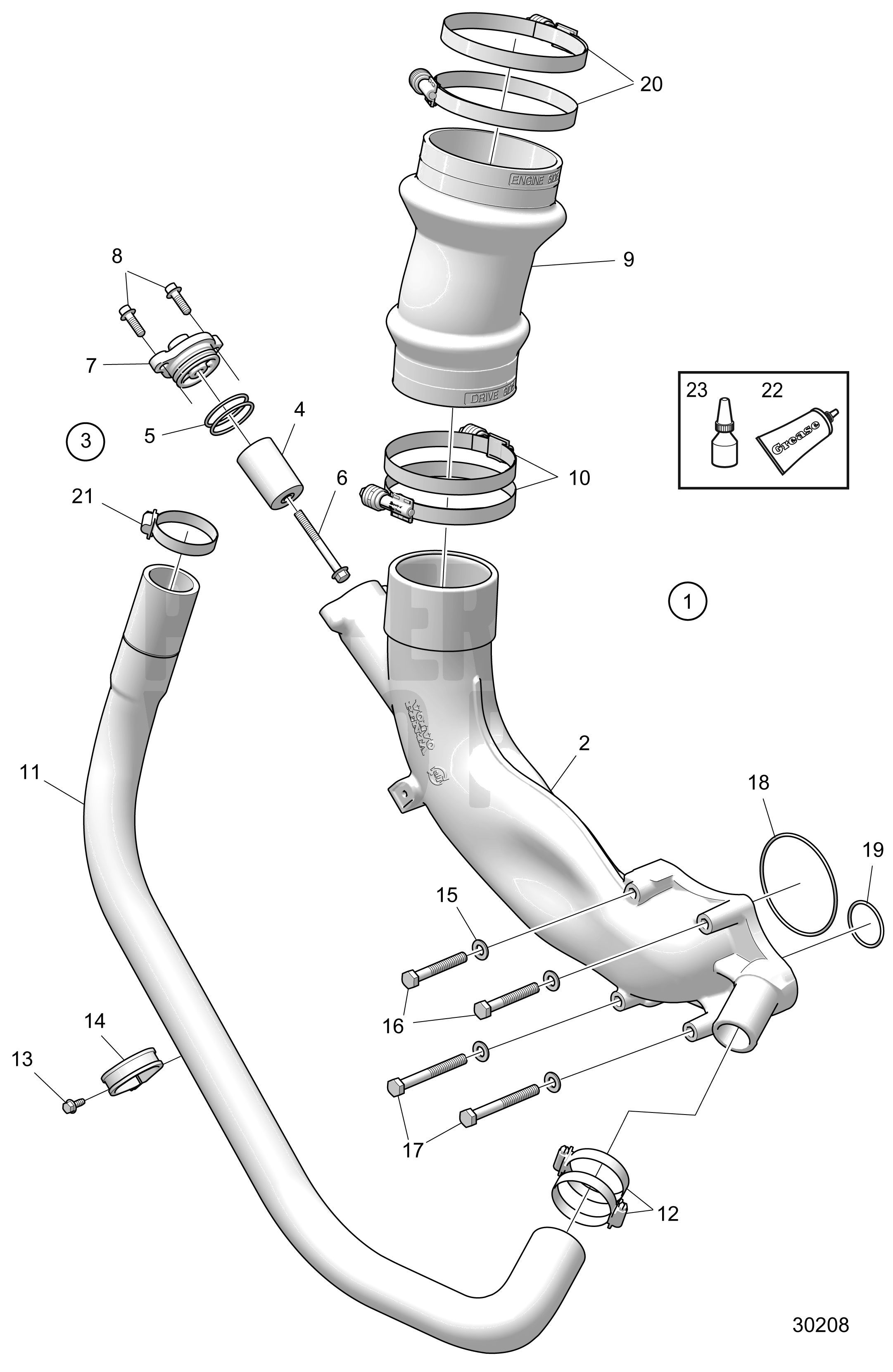Tuyau d'échappement et conduite d'eau de refroidissement D6, unité de transmission DPH/DPR