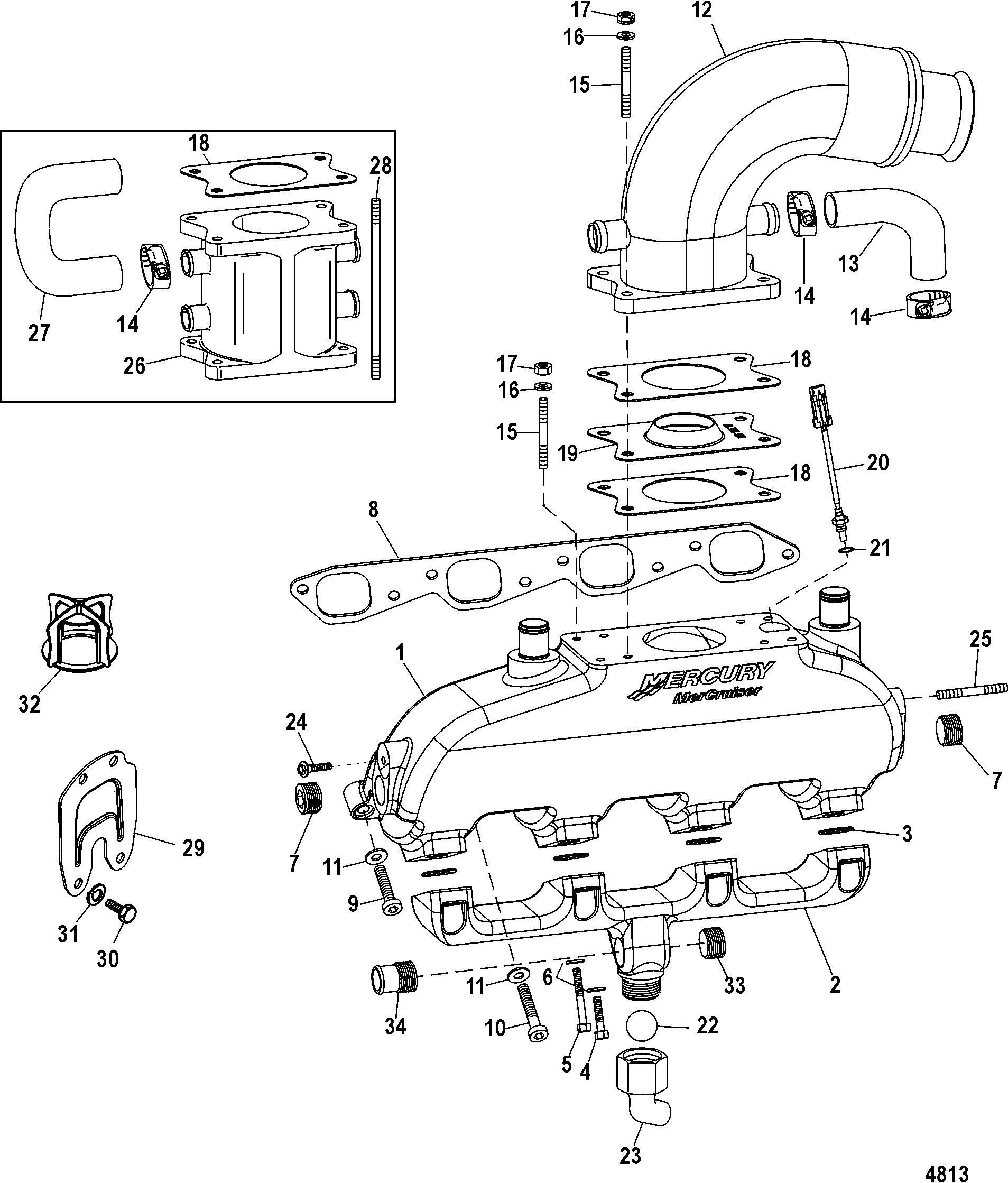 EXHAUST MANIFOLD(W WATER RAIL), ELBOW, AND RISER