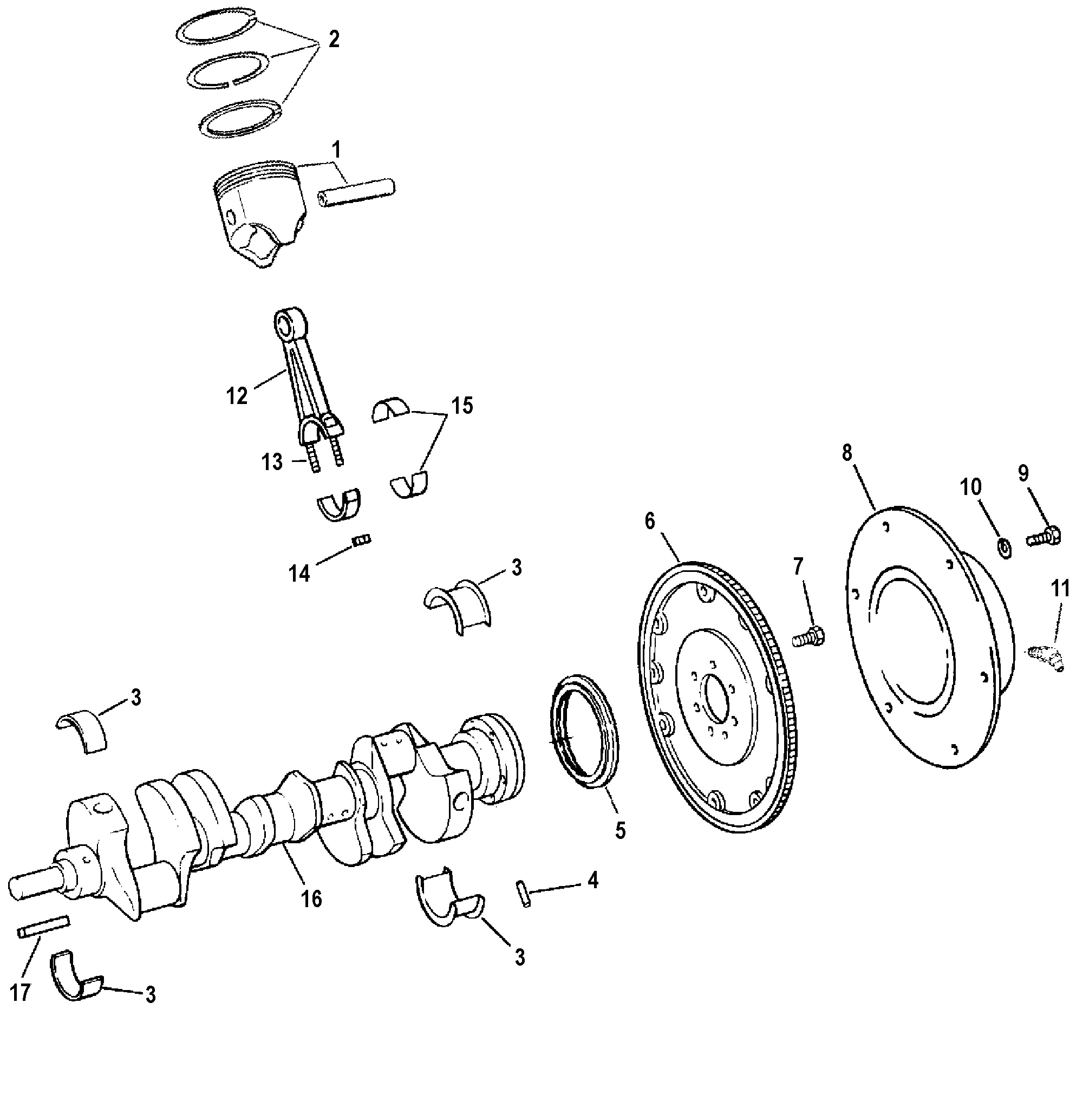 CRANKSHAFT, PISTONS AND CONNECTING RODS