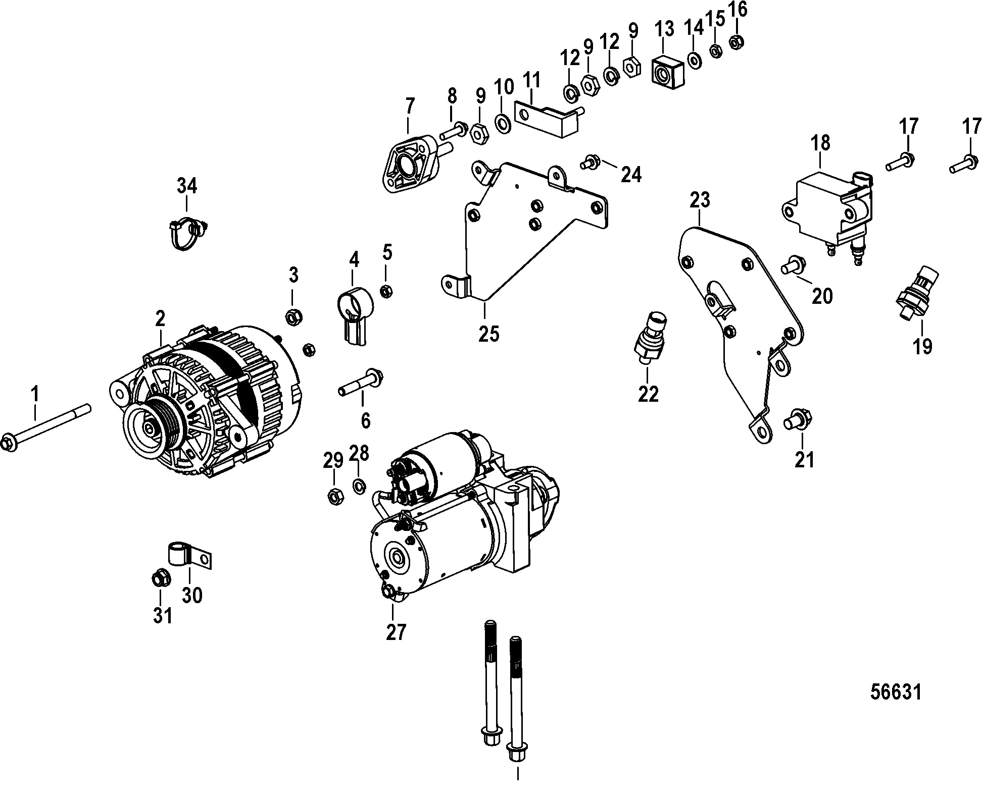 Electrical Components, Starter, Alternator, and Coil Bracket