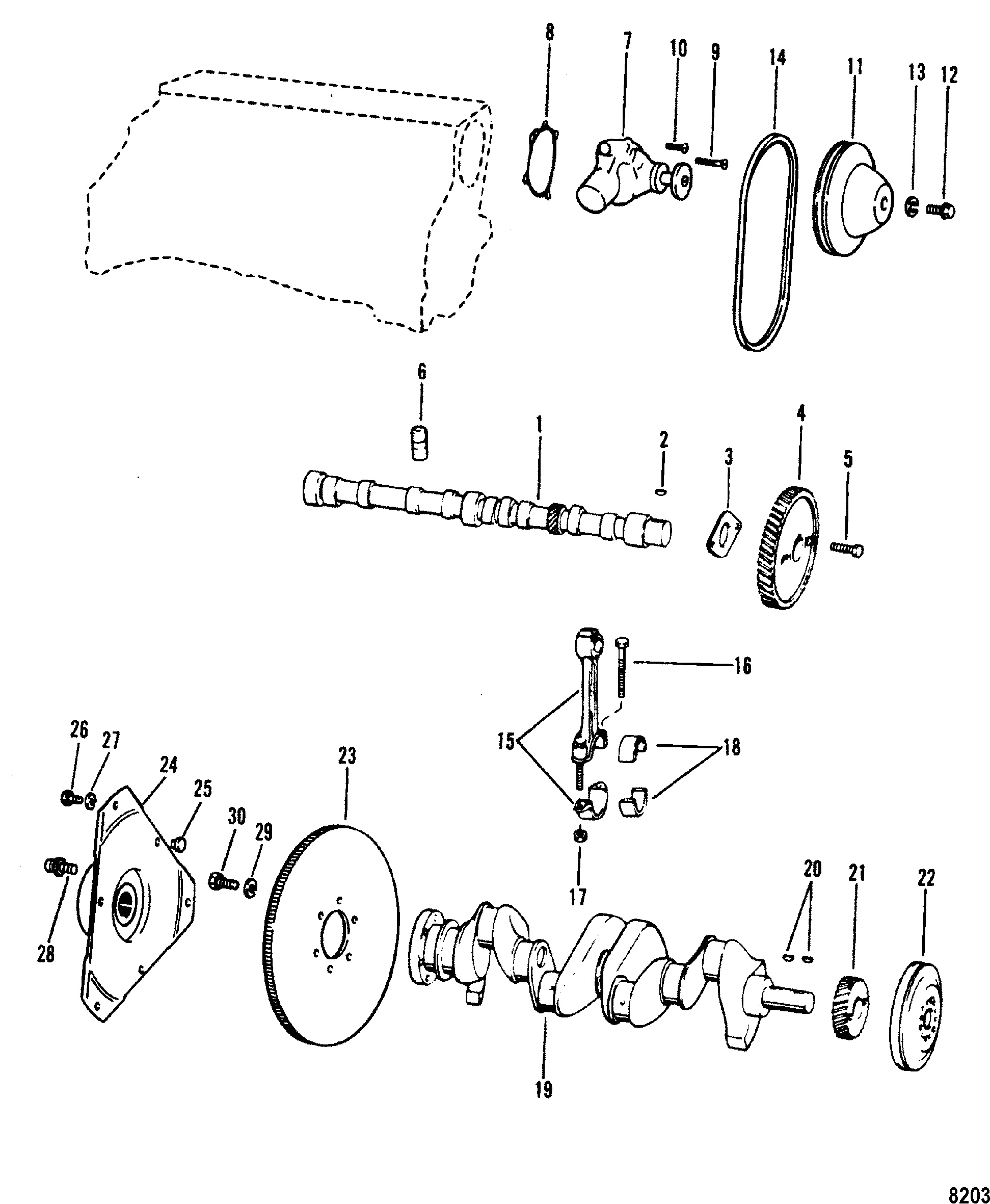 Crankshaft, Camshaft, Water Pump