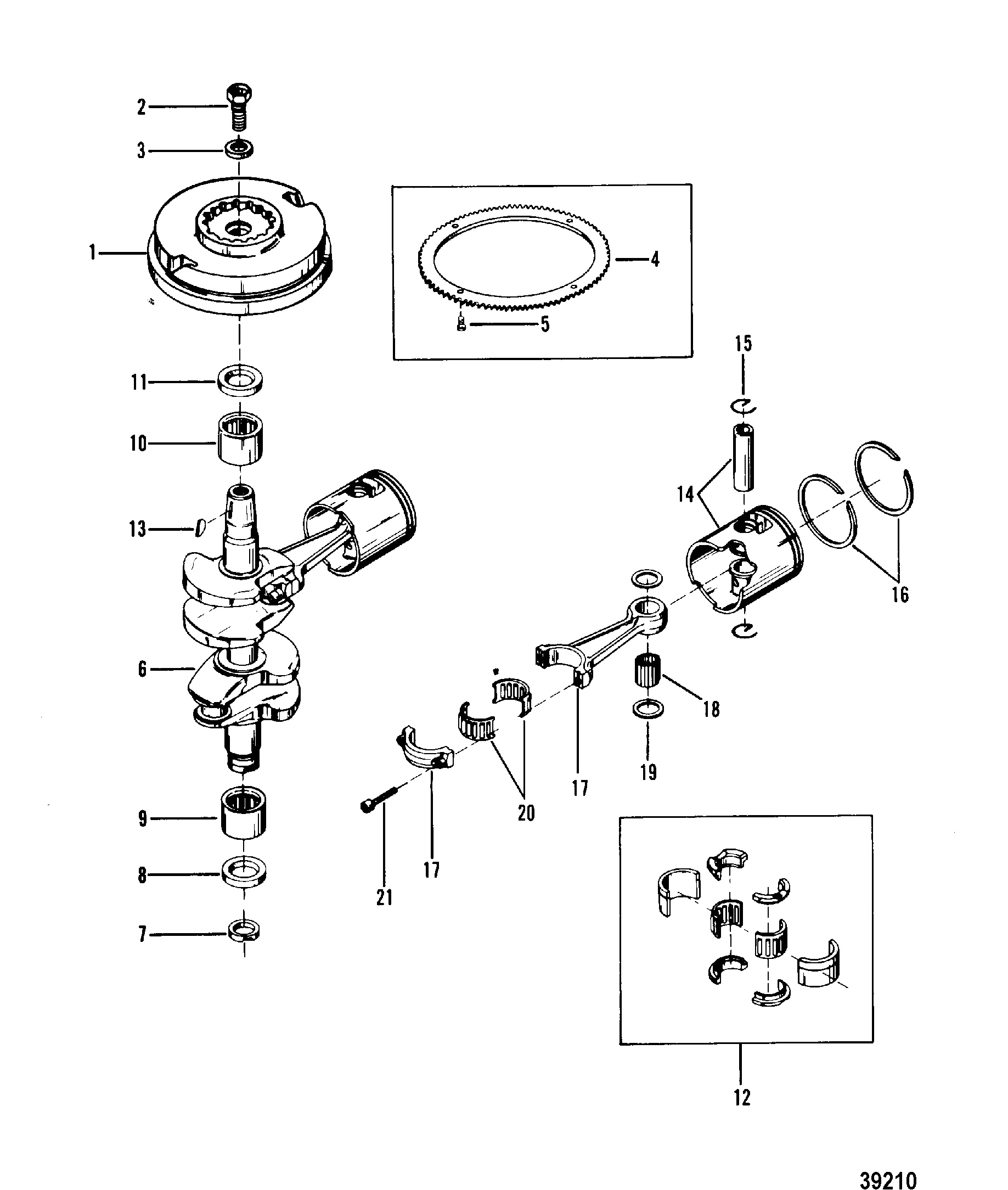 CRANKSHAFT, PISTONS AND FLYWHEEL