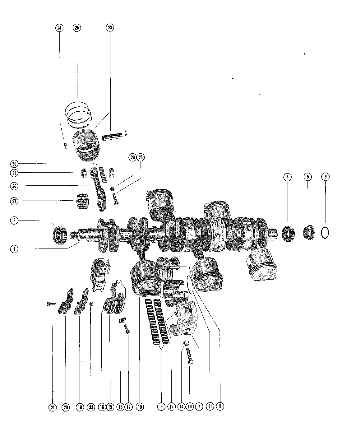 CRANKSHAFT, PISTONS AND CONNECTING RODS
