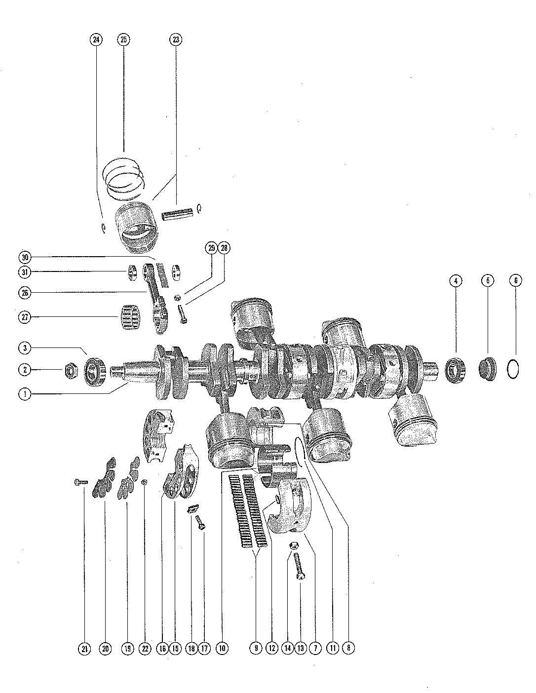 CRANKSHAFT, PISTONS AND CONNECTING RODS