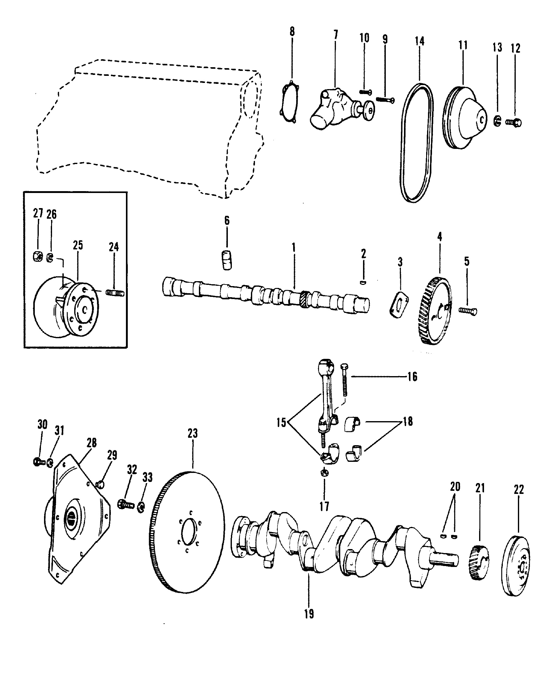 CRANKSHAFT, CAMSHAFT, WATER PUMP(140-3.0L 181 CID)