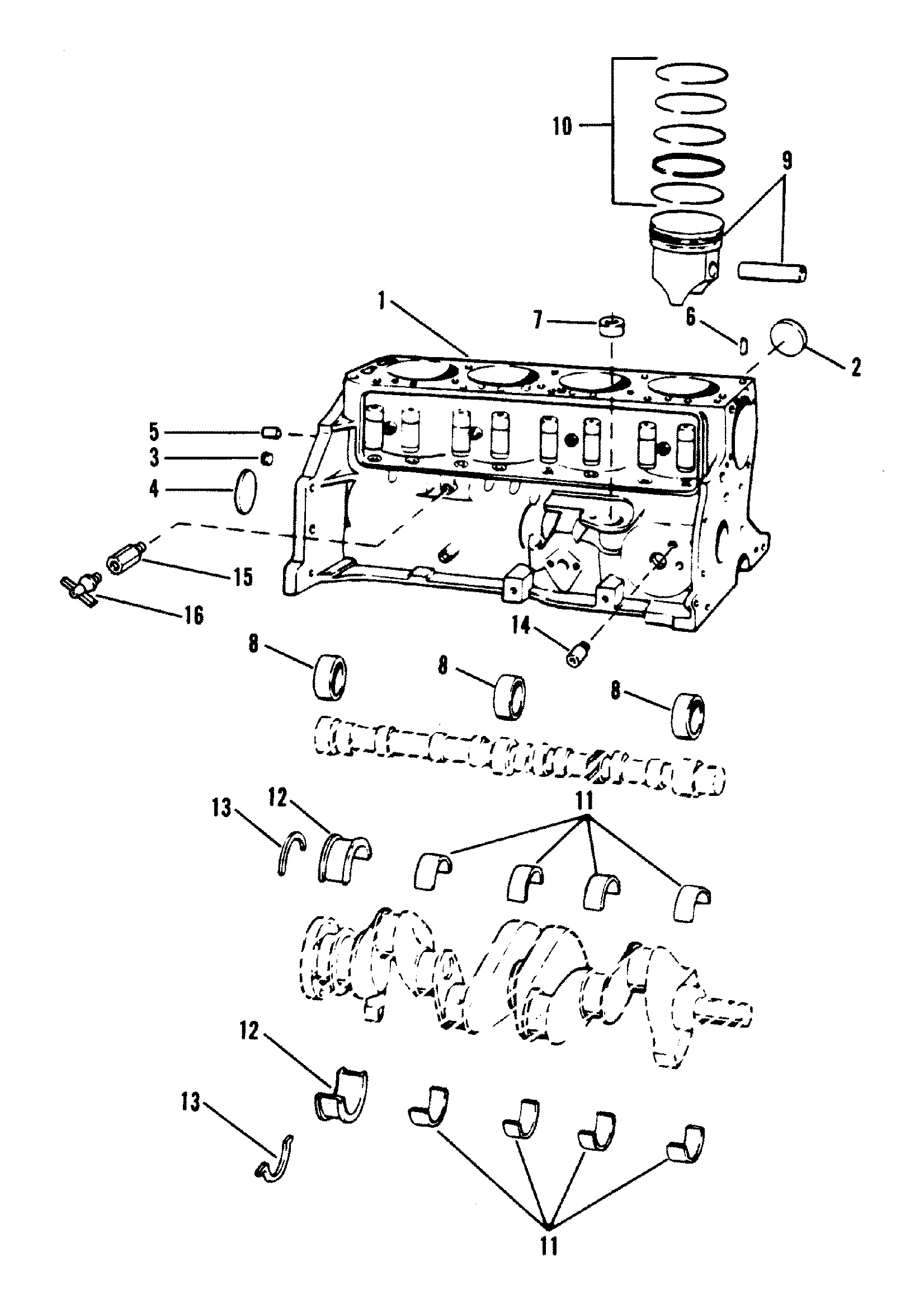 CYLINDER BLOCK, PISTON AND BEARINGS (140-3.0L 181 CID)