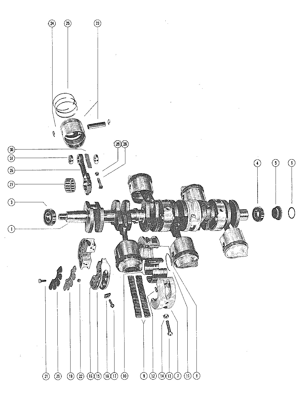 CRANKSHAFT, PISTONS AND CONNECTING RODS