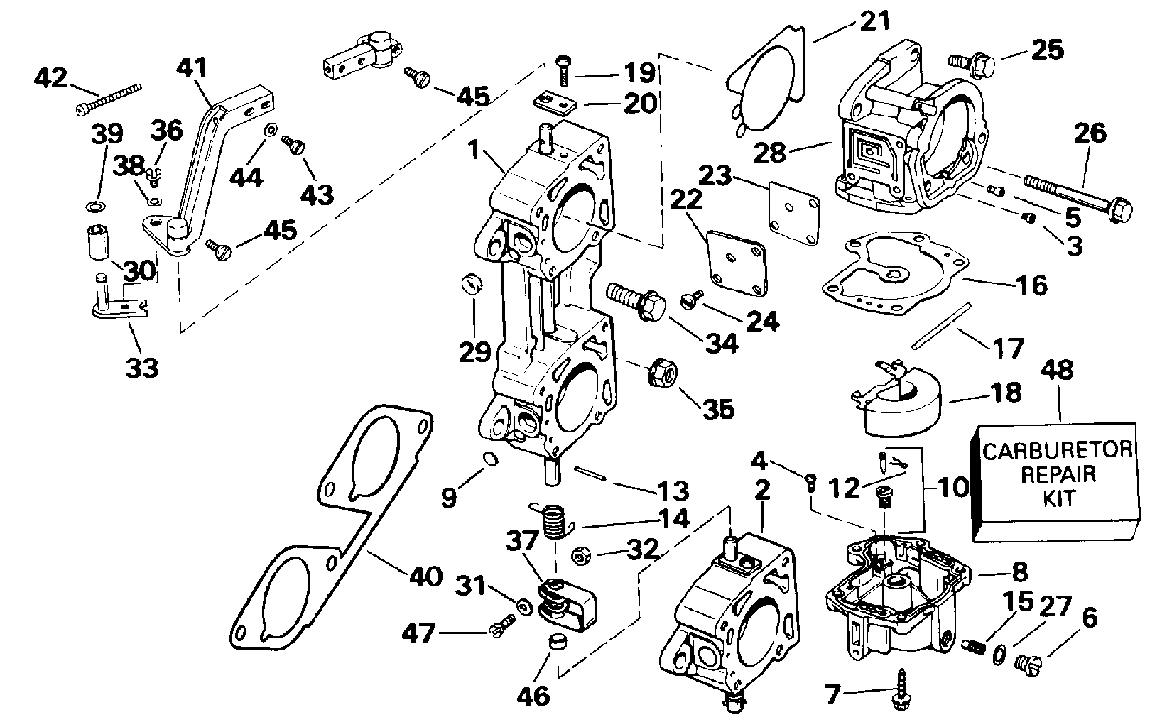Carburateur et tringlerie – modèles suffixe 185, 200 A, C, D, S