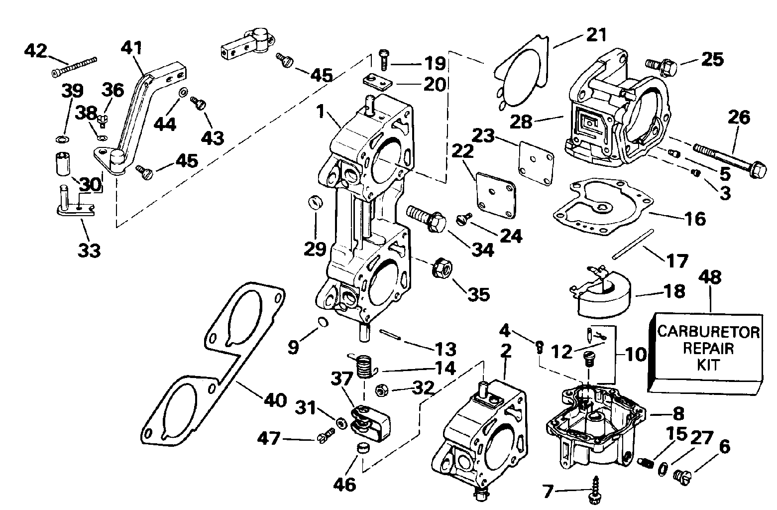 Carburettor and linkage – 200 STL, 225 20 – transom only
