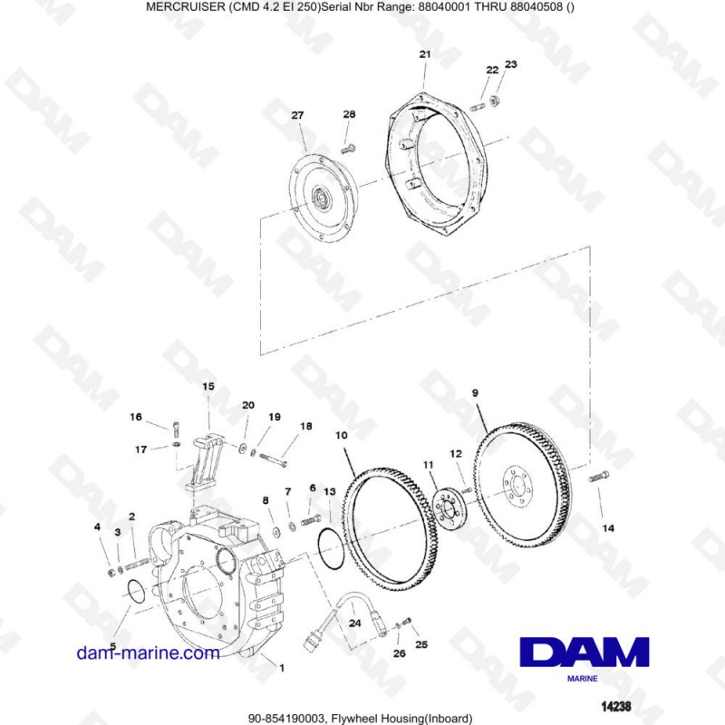 Vue éclatée FLYWHEEL HOUSING (INTERIOR) pour moteur MERCRUISER CMD 4.2 EI 250