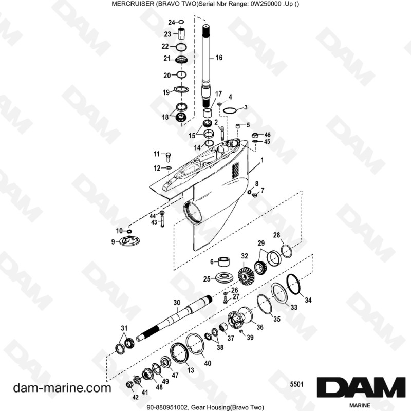 Vue éclatée BAS D'EMBASE pour moteur MERCRUISER BRAVO 2