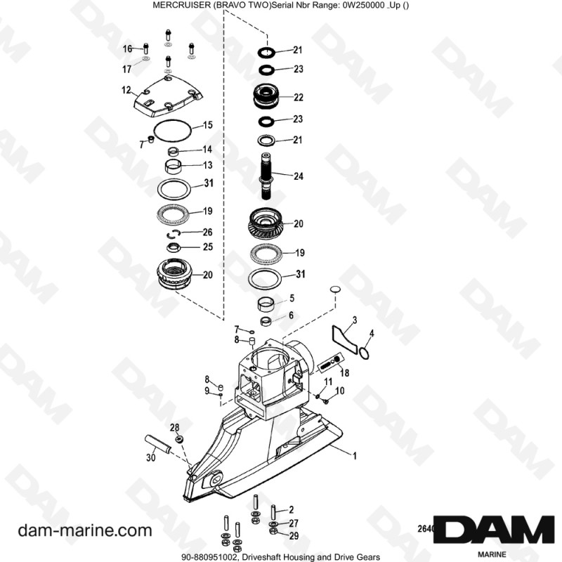 Vue éclatée HAUT D'EMBASE pour moteur MERCRUISER BRAVO 2