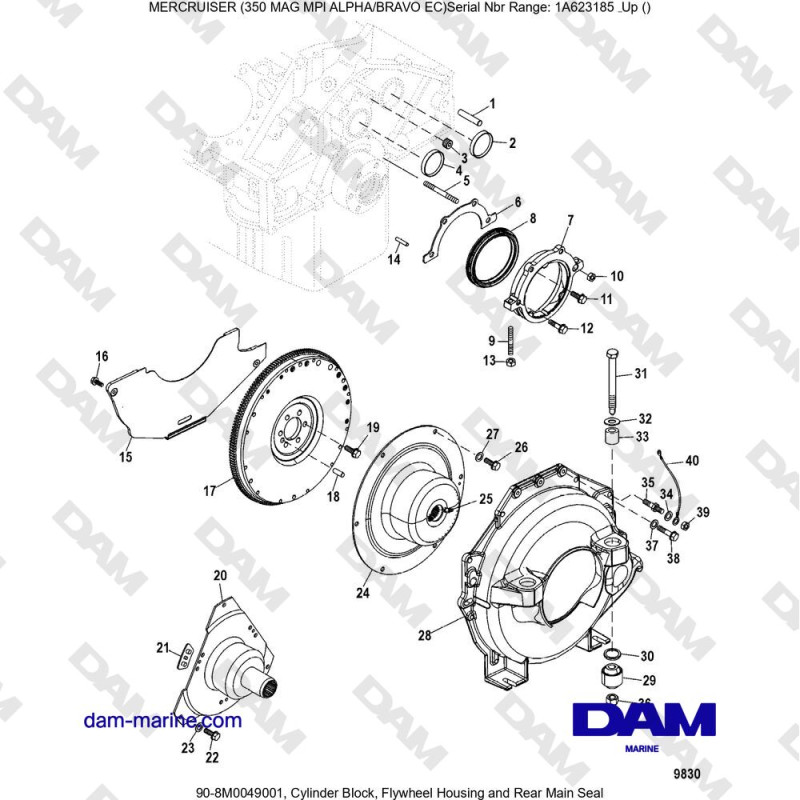 Vue éclatée CYLINDER BLOCK, FLYWHEEL HOUSING AND REAR SEAL pour moteur MERCRUISER 350 MAG MPI EC
