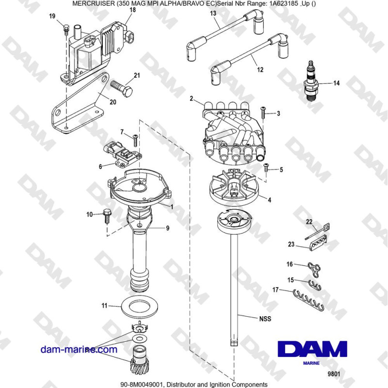 Vue éclatée DISTRIBUTOR AND IGNITION COMPONENTS pour moteur MERCRUISER 350 MAG MPI EC
