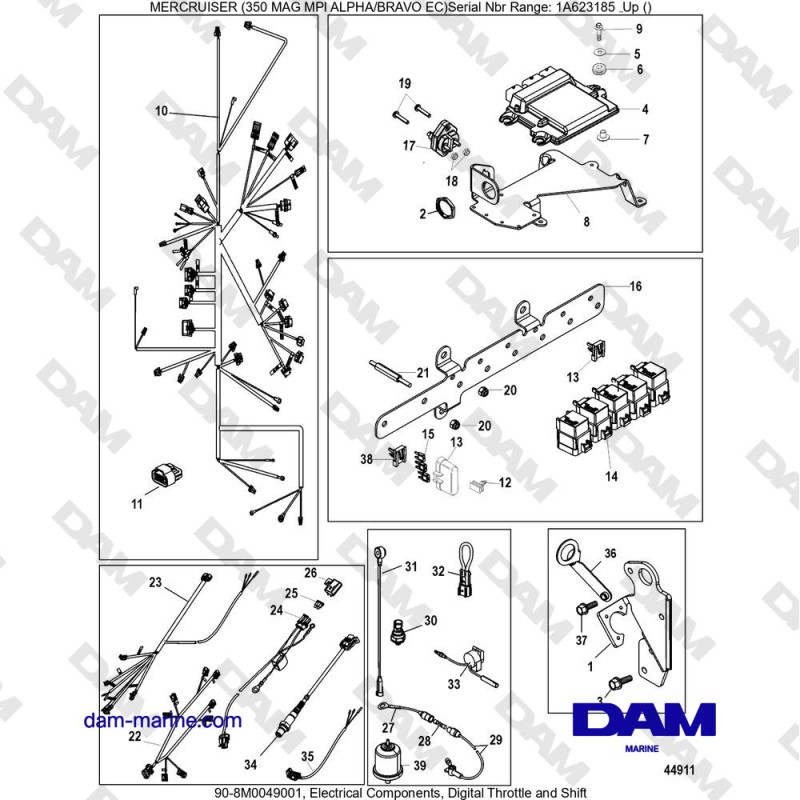 Vue éclatée ELECTRICAL COMPONENTS, DIGITAL ACCELERATOR AND GEAR SHIFT pour moteur MERCRUISER 350 MAG MPI EC