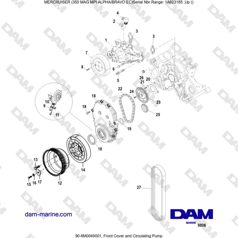 Vue éclatée FRONT COVER AND CIRCULATION PUMP pour moteur MERCRUISER 350 MAG MPI EC