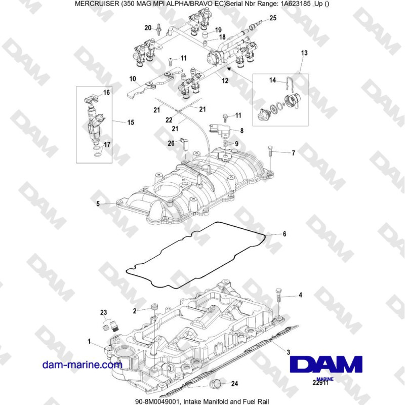 Vue éclatée INTAKE MANIFOLD AND INJECTION RAIL pour moteur MERCRUISER 350 MAG MPI EC
