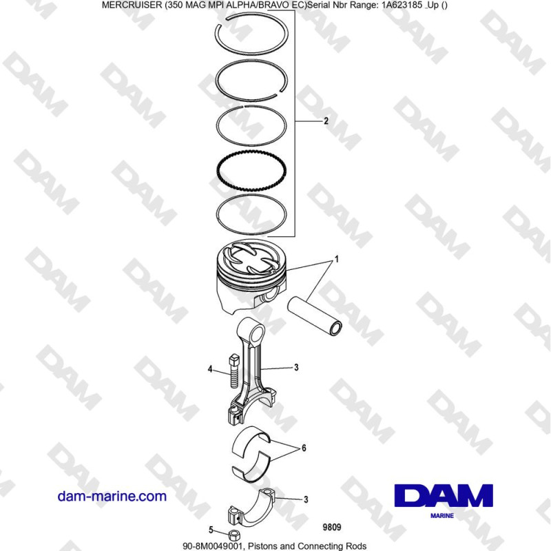 Vue éclatée PISTONS AND CONNECTING RODS pour moteur MERCRUISER 350 MAG MPI EC
