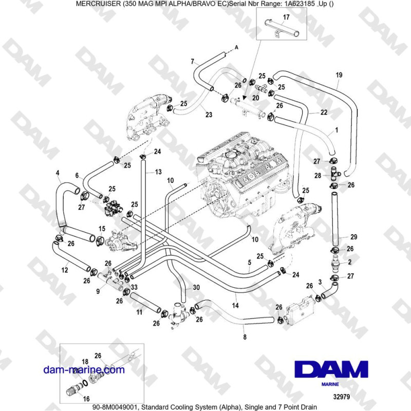Vue éclatée STANDARD COOLING SYSTEM (ALPHA), SINGLE AND 7-POINT PENETRATION pour moteur MERCRUISER 350 MAG MPI EC