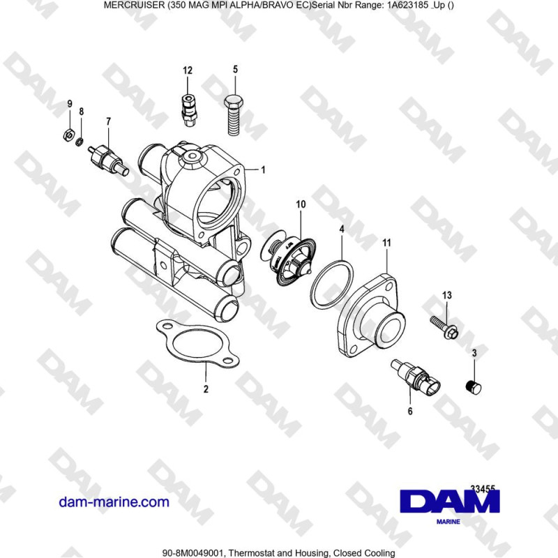 Vue éclatée THERMOSTAT AND HOUSING, COOLING IN CLOSED OPERATION pour moteur MERCRUISER 350 MAG MPI EC