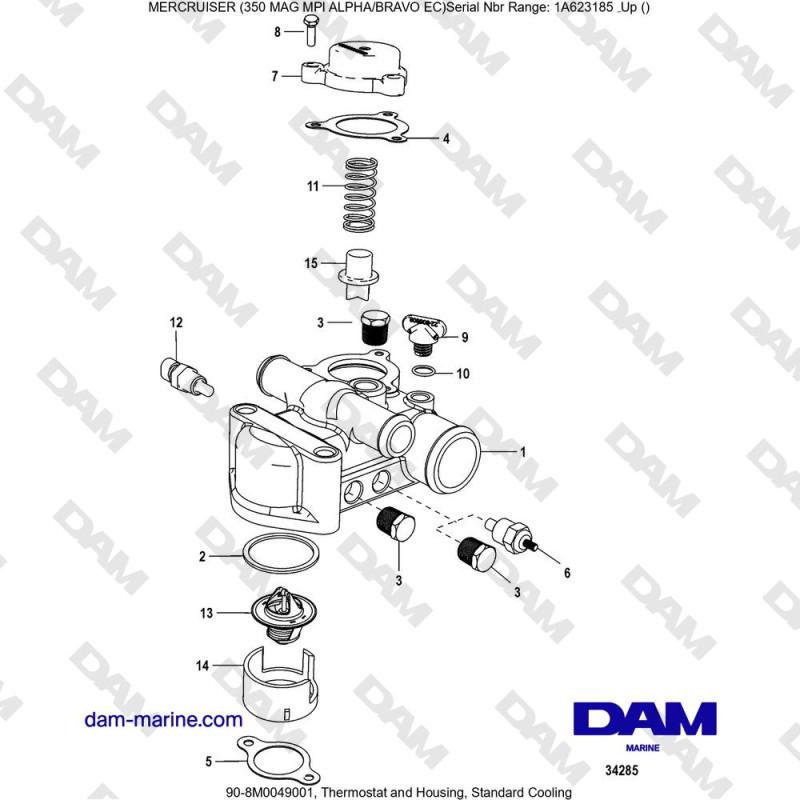 Vue éclatée THERMOSTAT AND HOUSING, STANDARD COOLING pour moteur MERCRUISER 350 MAG MPI EC